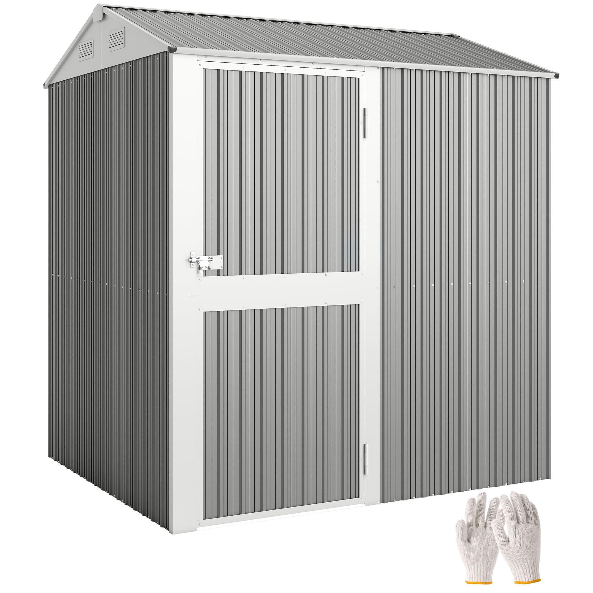 Outsunny Casetta da Giardino Alta 3.51m² in Acciaio Zincato con Prese d'Aria, Capanno da Giardino con Porta Bloccabile, Tetto Inclinato, Guanti, Capanno Porta Attrezzi, 209x177x236 cm, Grigio Argento