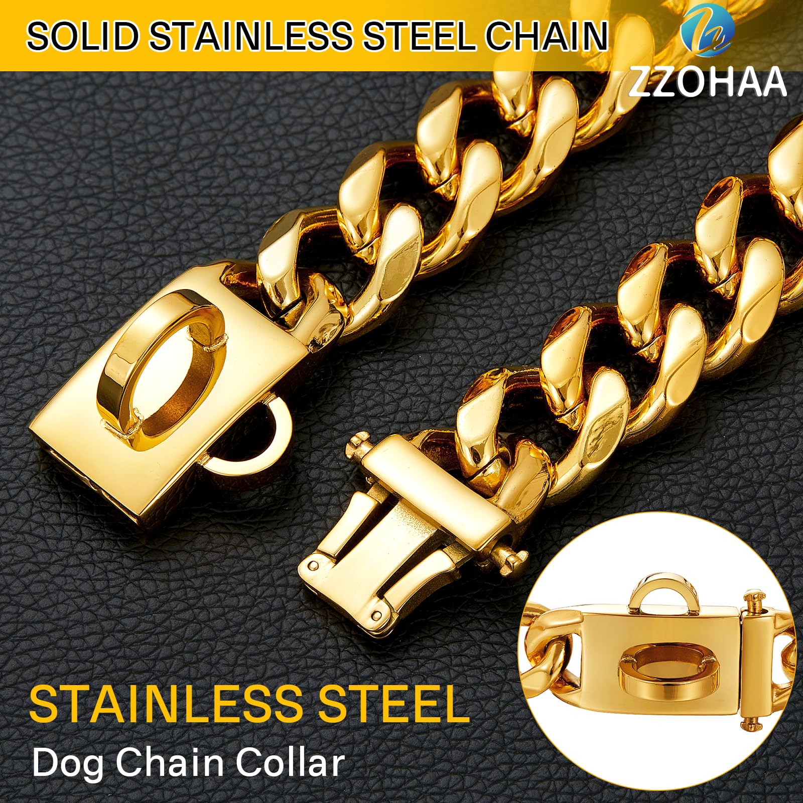 19mm Wide Gold Dog Chain Collar with Steel Buckle, Heavy Duty Walking Metal Chains Collar - Image 4