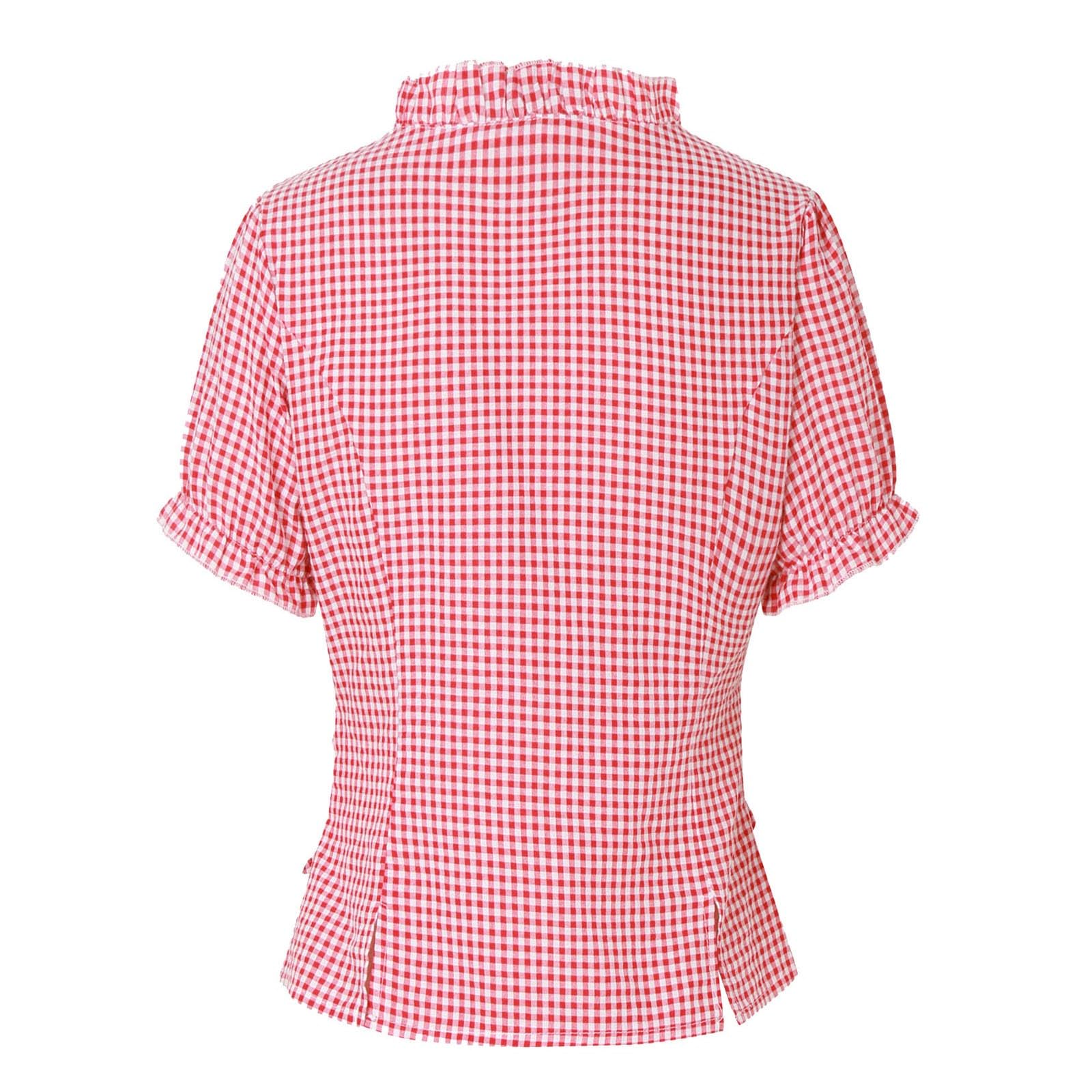 Trachtenbluse Damen Kariert, TrachtenShirt Damen Kurzarm Rot Weiß/Blau Weiß Puffärmel Trachtenblusen Edler Kordelzug Mit Rundhalsausschnitt Karohemd Für Bierfest Oktoberfest Karneval
