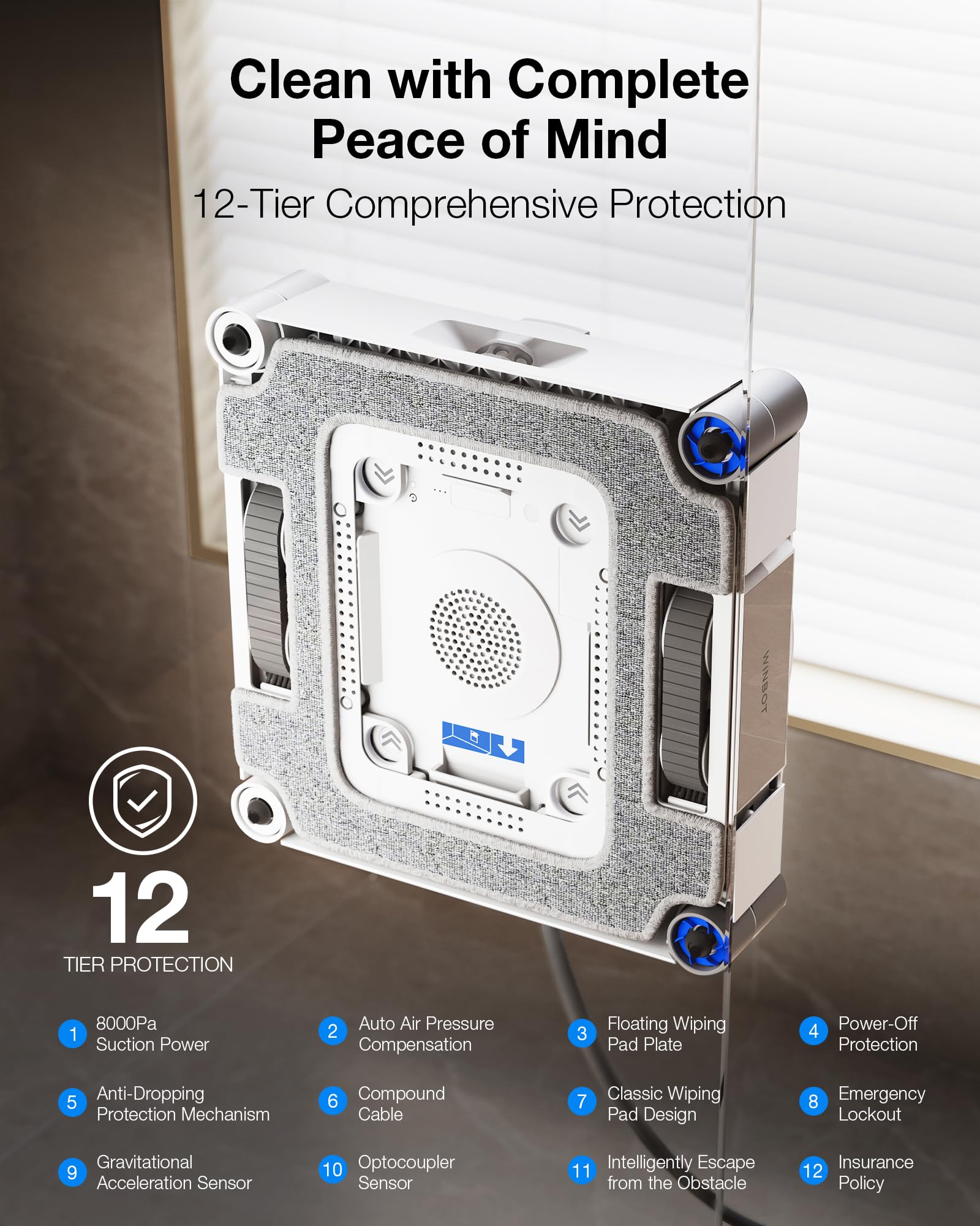 ECOVACS WINBOT W3 Omni Roboter Fensterreiniger mit Auto Pad Waschen & Multifunktionsstation, 8000Pa Saugkraft, Intelligente Reinigung mit Dreifachdüsen-Wassersprüher, 12-stufiger Schutz