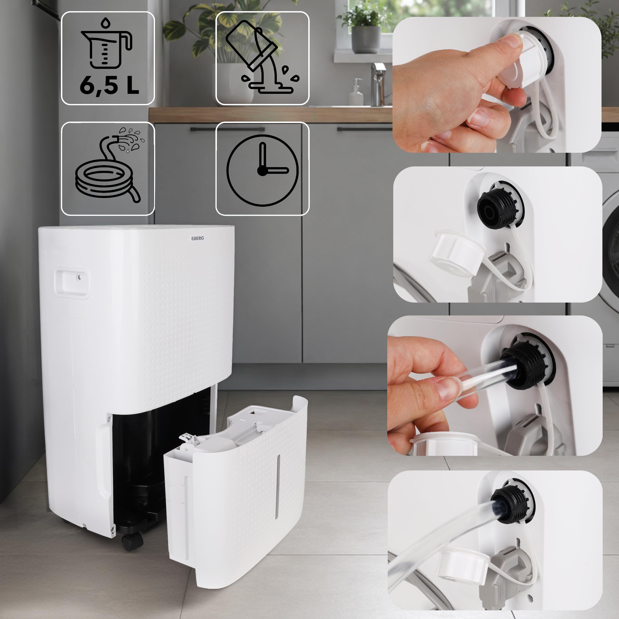 EBERG BROX Osuszacz powietrza 60 l/24 h z WiFi, higrostatem, 8 l zbiornikiem, 3 prędkościami wentylatora i drenażem ciągłym, osuszacz do domu, biura i suszenia prania