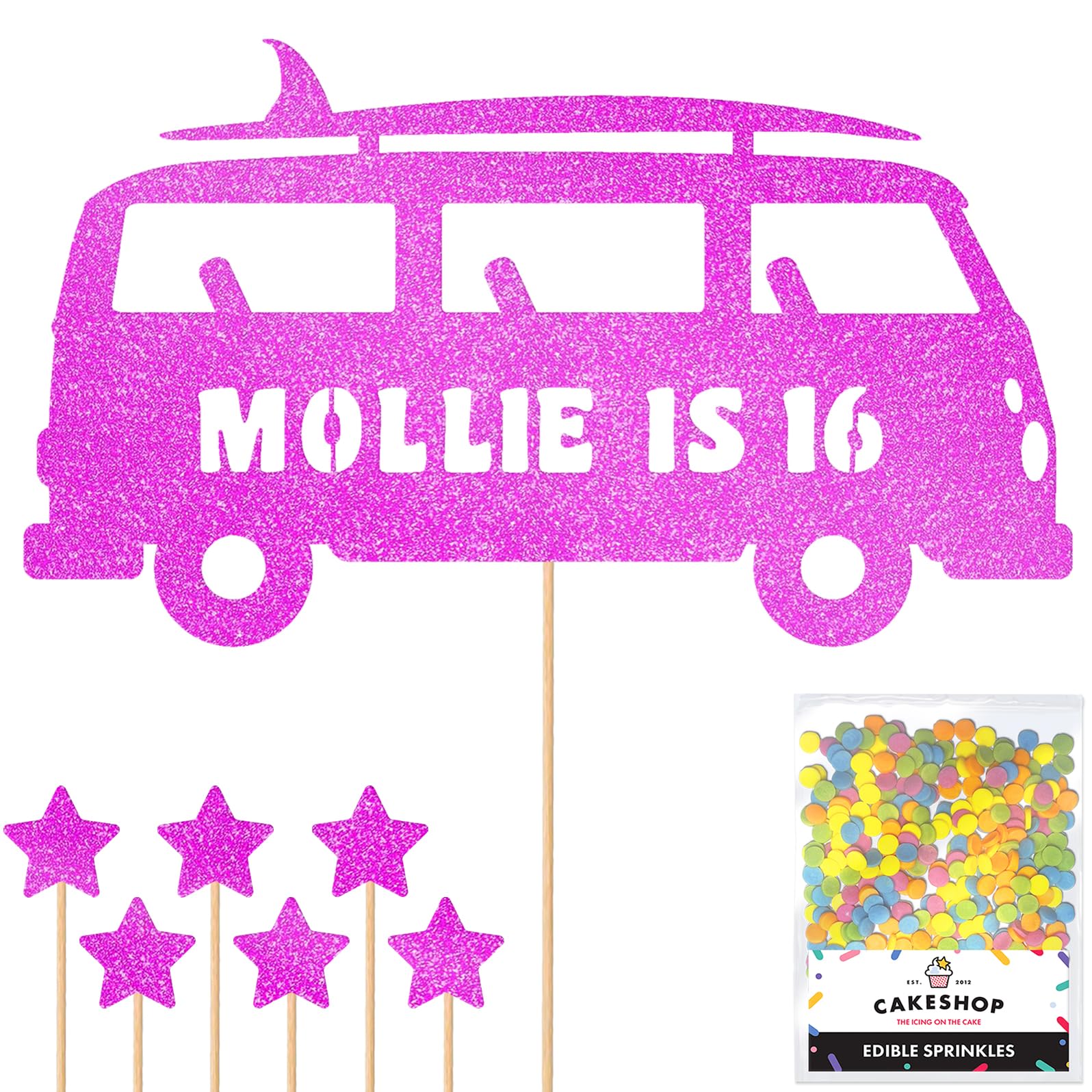 Personalised 60's Camper Surfer Surf Glitter Cake Topper- Pink Any Custom Age & Name Glitter Cake Decoration and Sprinkles - Happy Birthday Decorations - Personalised Toppers for Cakes by Cakeshop