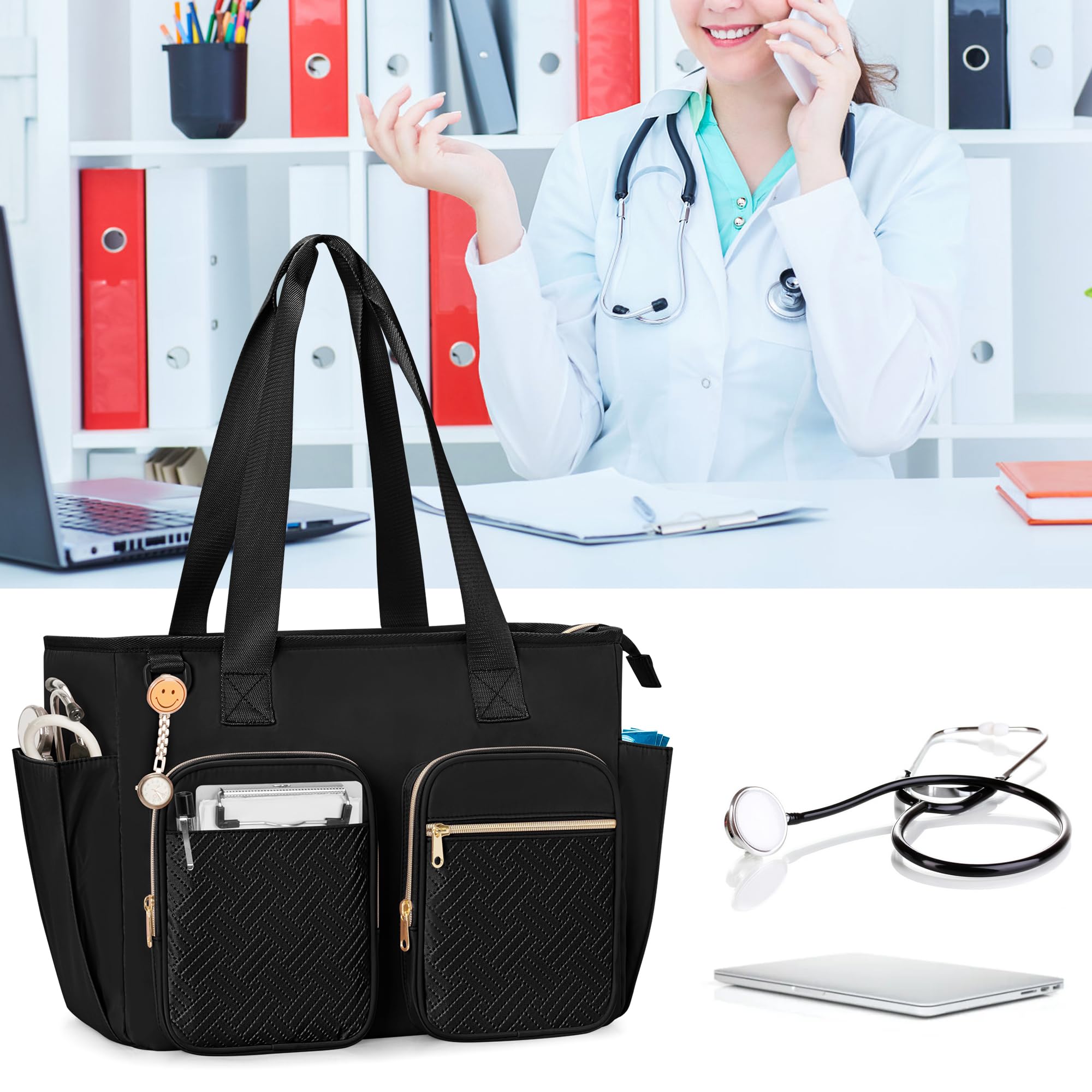 Krankenschwestern Tragetasche Kliniktasche Leer, Große Krankenschwester Arbeittasche Passend für 15,6"Laptop, für Krankenpflegeschüler, Medizinische Assistenten Häusliche Pflege Reisen, Schwarz