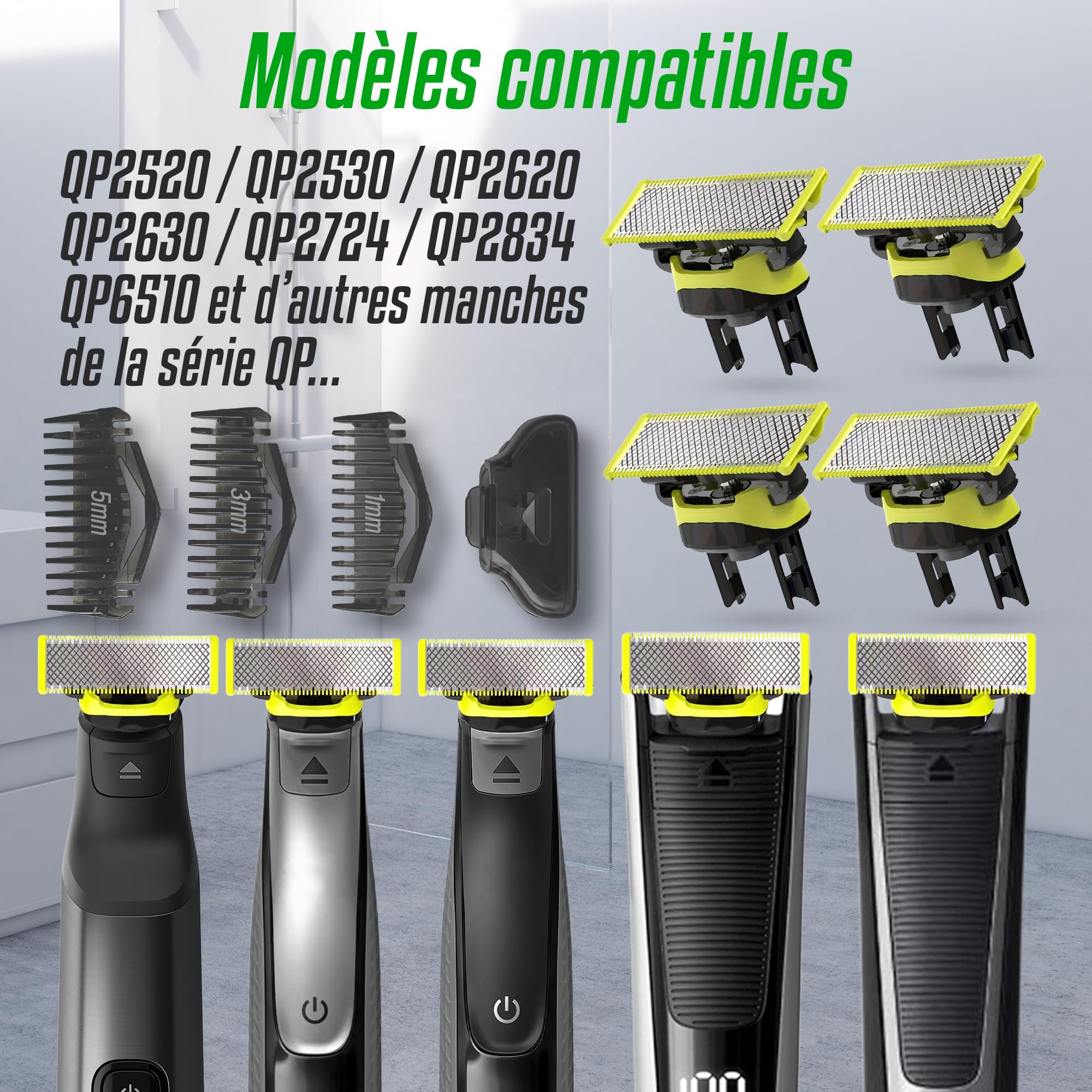 Kit de 4 Lames + 3 Sabots Guide + 1 Étui Compatible avec OneBlade – Ensemble de Rechange pour Rasoir Barbe et Corps – Rasage Précis, Doux et Sans Irritation – Facile à Installer et à Nettoyer