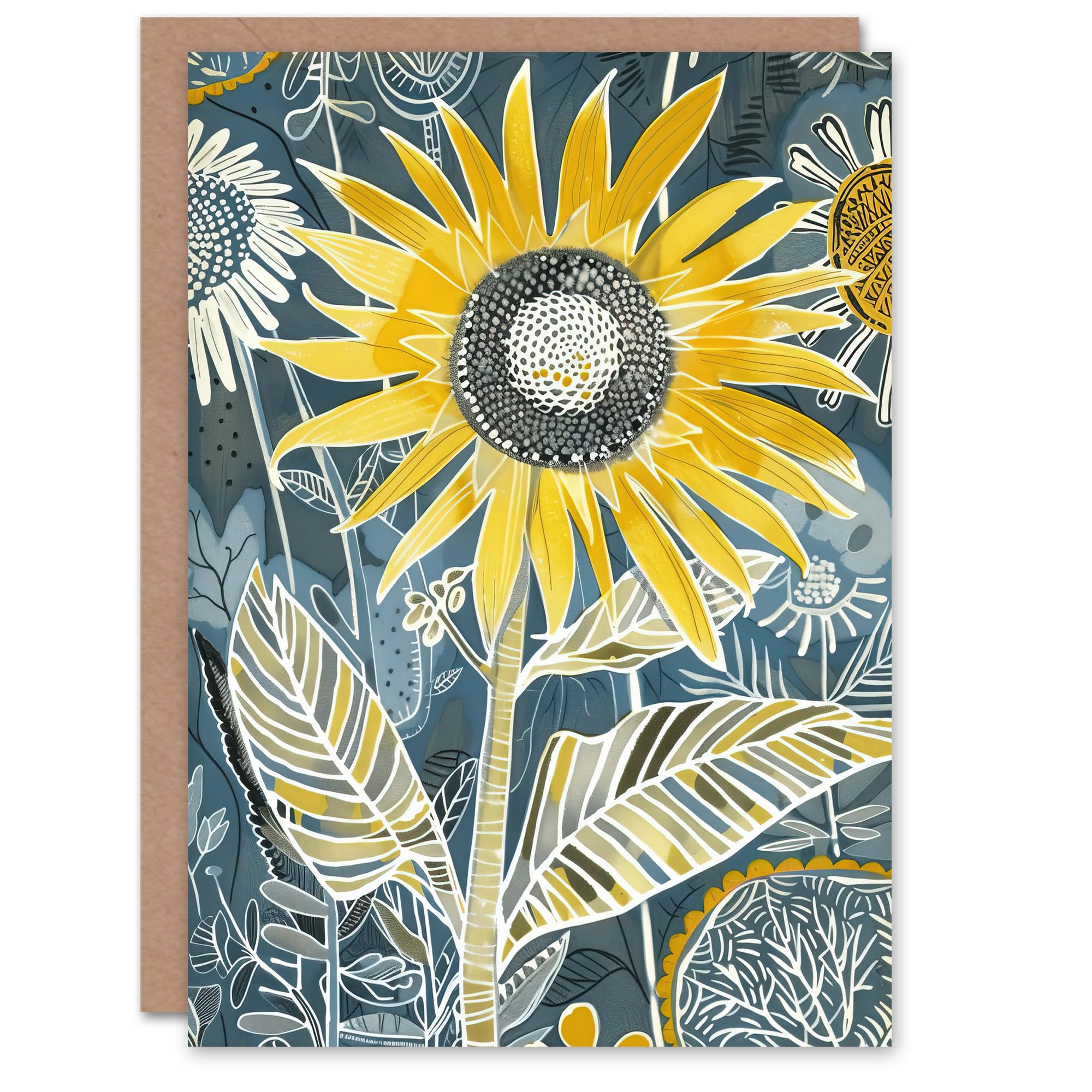 Artery8 Greeting Card Sunflower Blue Yellow Inverted Line Quirky Art Blank For All Him Or Her Art Birthday Card