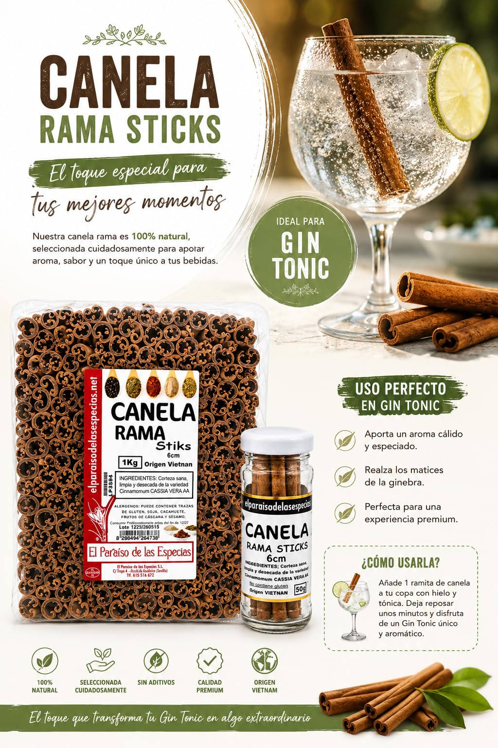 Canela Rama Vera AA 1KG | Ramas de Canela Natural 6 cm | Ideal para Infusiones, Té, Arroz con Leche, Chai y Repostería | Especias Gin Tonic