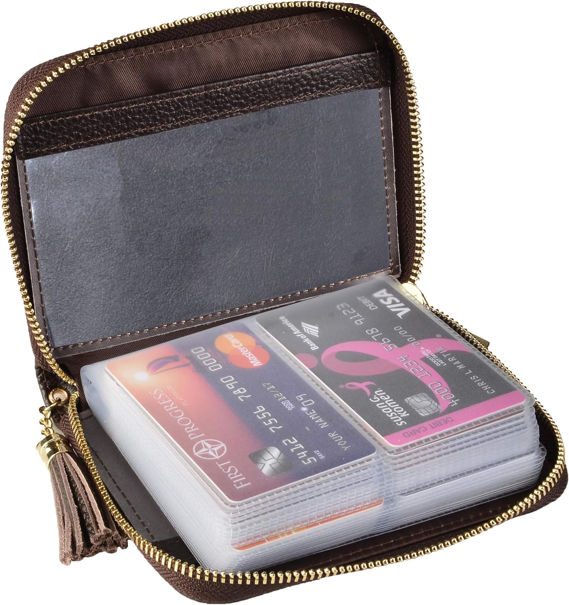 Womens Credit Card Holder Wallet Zip Leather Card Case RFID Blocking (Coffee)