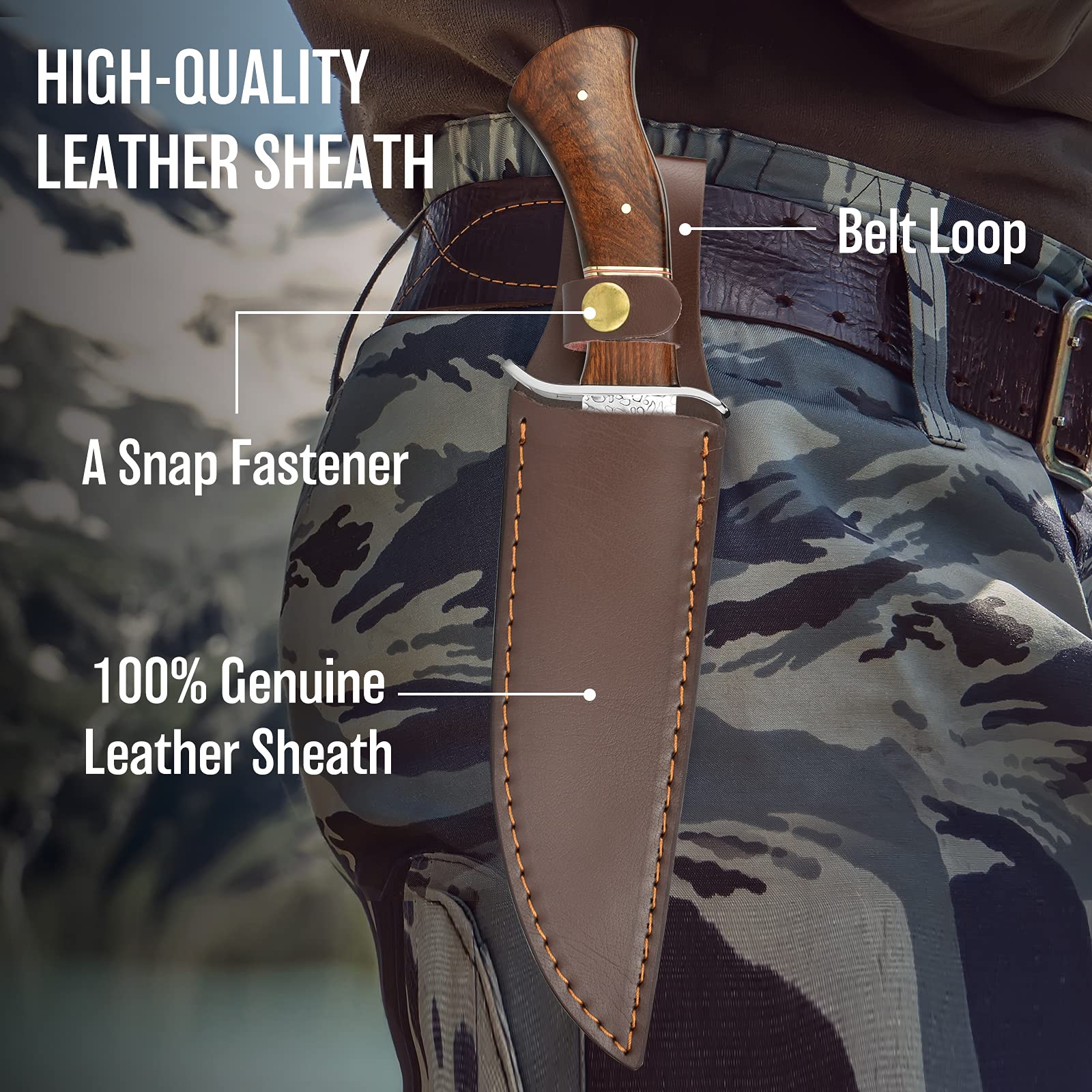 NedFoss Fixed Blade Hunting Knife with Leather Sheath, 12inch Full