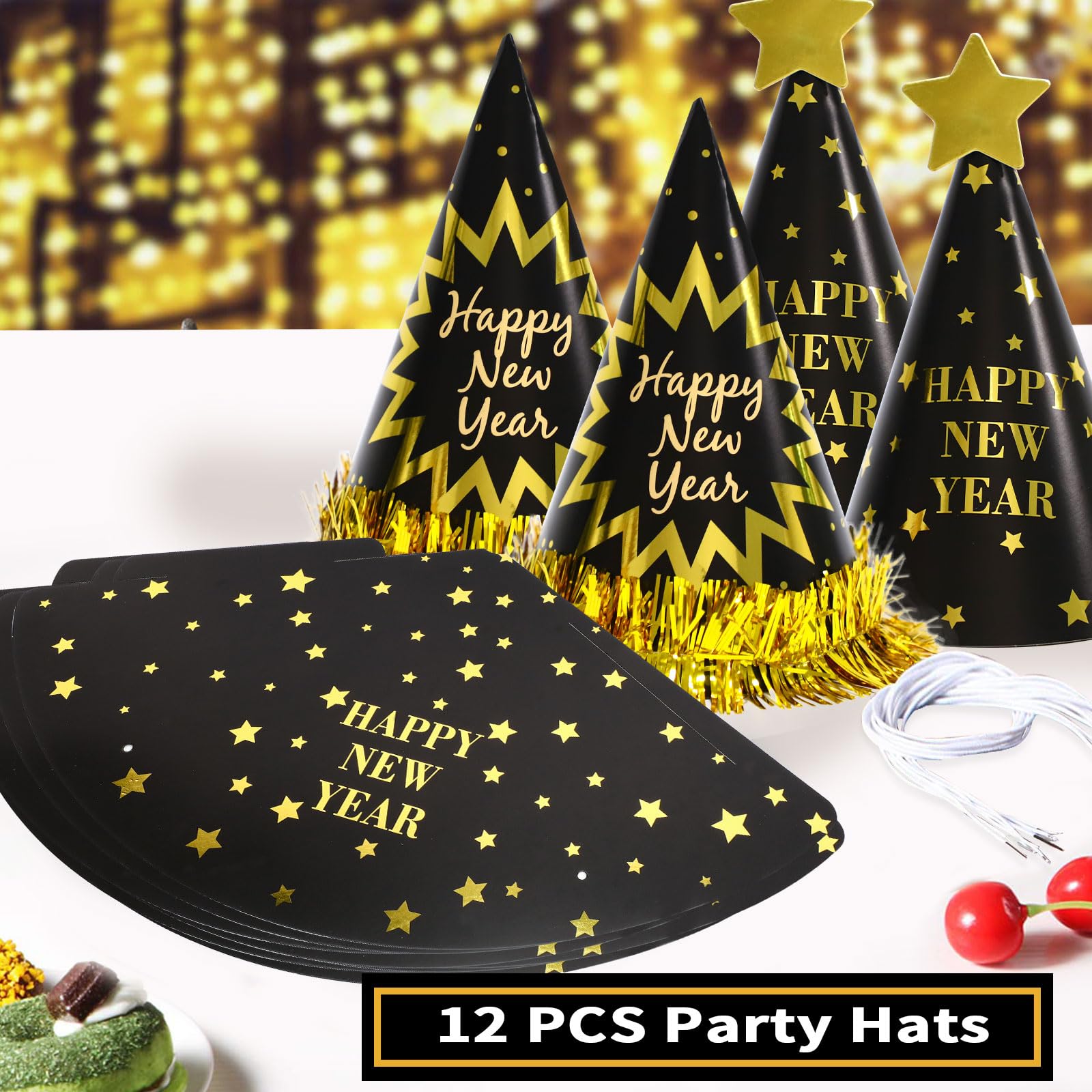 BBXWANG 12PCS Black and Gold Happy New Year Party Hats, Eve Party Supplies and Decorations (Tassel + Star Style) - Image 2