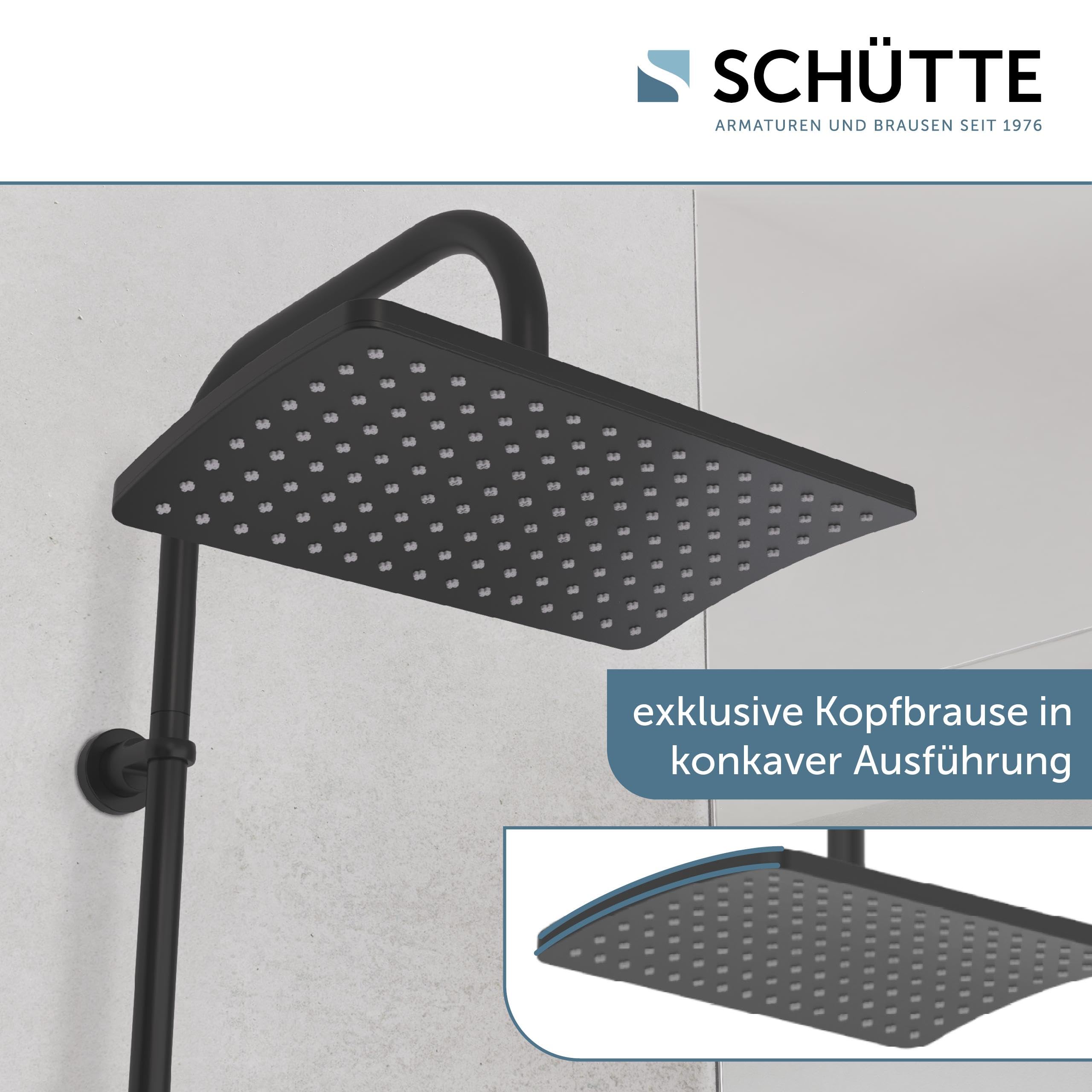 Schütte Duschset MALLORCA Duschsäule mit großer Regendusche Handbrause mit 3 Strahlarten Duschsystem ohne Armatur Schwarz Matt | 3 Strahlarten Duschsystem ohne Armatur Schwarz Matt