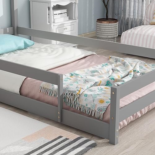 Miniatura 6 de Cama Montessori de tamaño individual con cabecero y valla en forma de casa, marco de cama de madera para niños y niñas, necesita somier, gris