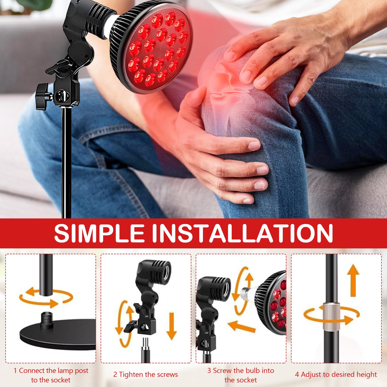 Lampa z czerwonym światłem 2 w 1 z podstawką, 54 W, lampa na podczerwień 850 nm i 660 nm, 18 diod LED do terapii światłem czerwonym, głębokie ciepło do łagodzenia bólu twarzy, karku i pleców, wysoce