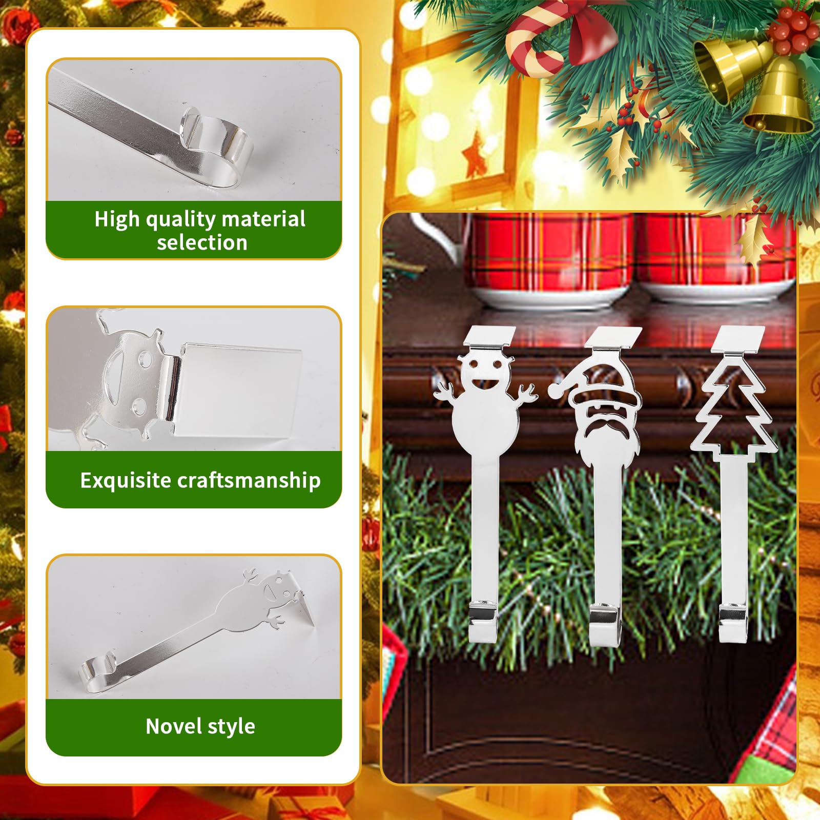 Set di 6 Ganci in Metallo con Motivo Natalizio Supporto per Calza di Natale Decorazioni Natalizie Ganci di Natale Porta Calze, Babbo Natale Pupazzo di Neve Alce Albero di Natale Supporti (Argento)