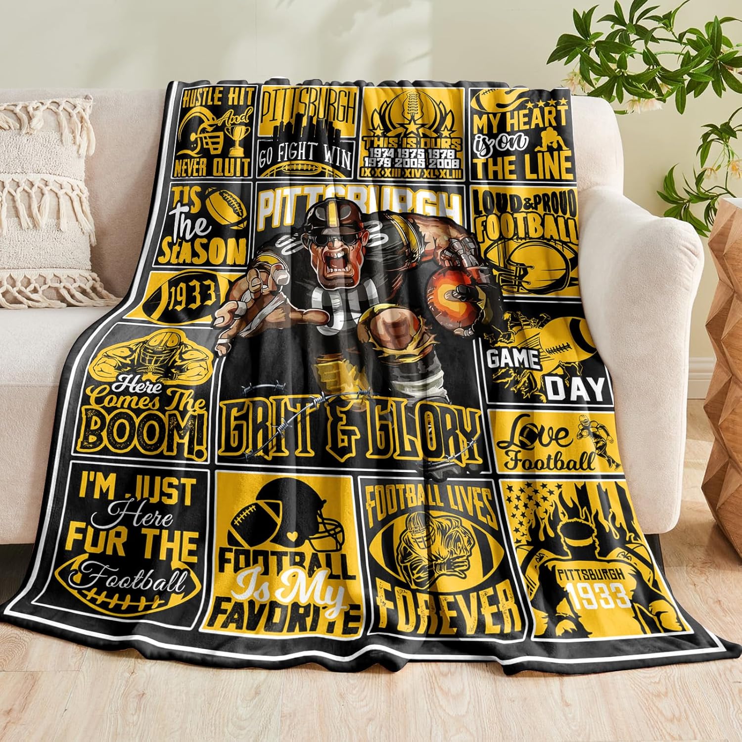 Football Gifts for Men Women, City Gifts for Pittsburgh Fans, Football Throw Blanket for Couch, Cozy Flannel Blanket Sofa Bed 80"x60"