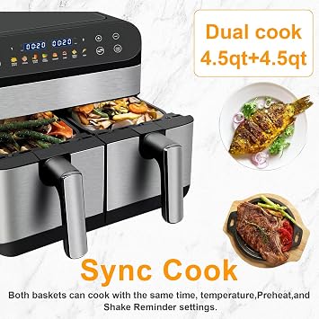 9.5 Quart 8-in-1 DualZone 2-Basket Air Fryer with 2 Independent Frying Baskets, Match Cook & Smart Finish to Roast, Broil, Dehydrate & More for Quick, Easy Meals, Black