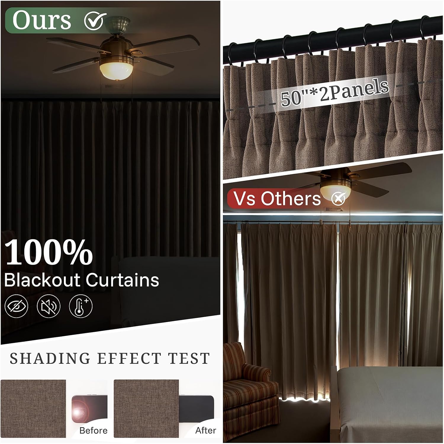 Viral Pinch Pleat 100% Blackout Curtains 84 Inch Long,50"Wx84"L,Dark Brown thumbnail