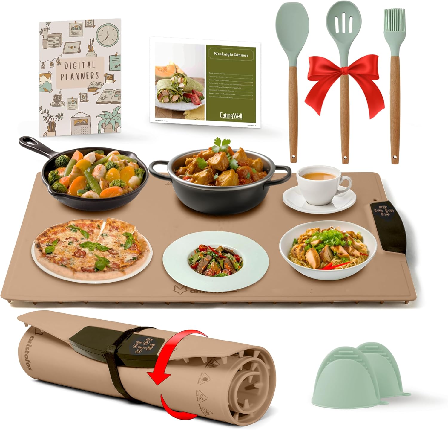 2025 Upgraded Food Warming Mat, Electric Warming Tray w/ 9 Temp Settings, Switchable Temp, 2-12 Hour Timer, Childlock, 10ft Powercord - Food Warmer for Parties, Gatherings, Housewarming Gift (brown)