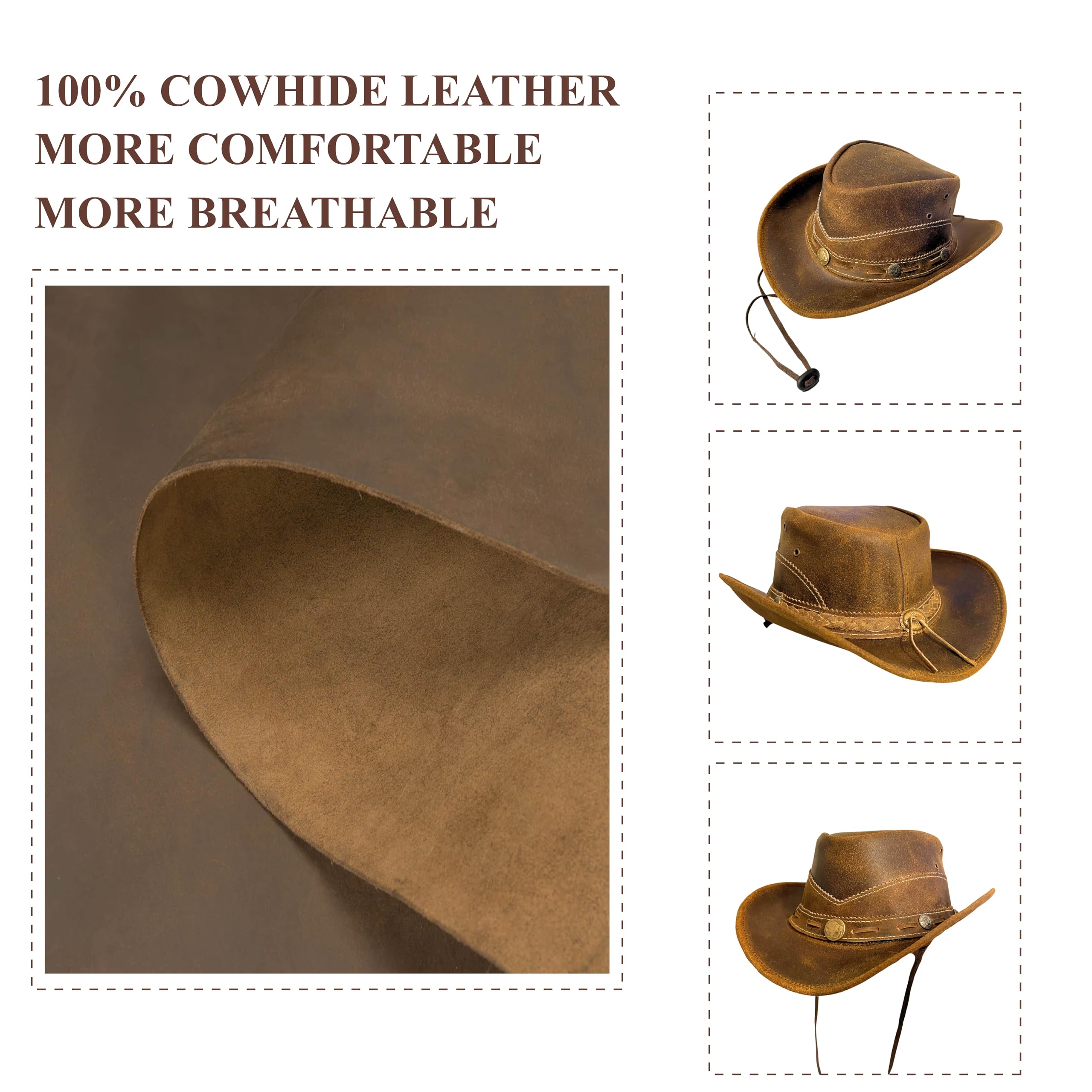 ZEEKSTAR Premium Handcrafted Leather Cowboy Hat with Adjustable String - Classic Western Style (US, Alpha, One Size, XL, Brown)