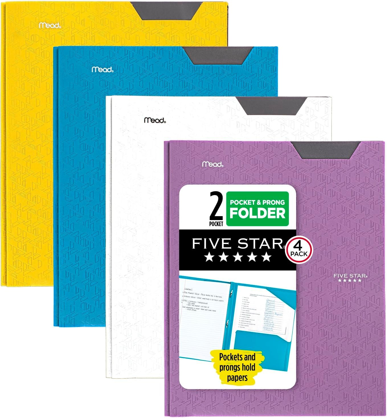 Five Star 2-Pocket Folders, 4 Pack, Plastic Folders With Stay-Put Tabs And Prong Fasteners, Holds 11” X 8-1/2”, Assorted Colors Will Vary (38064)