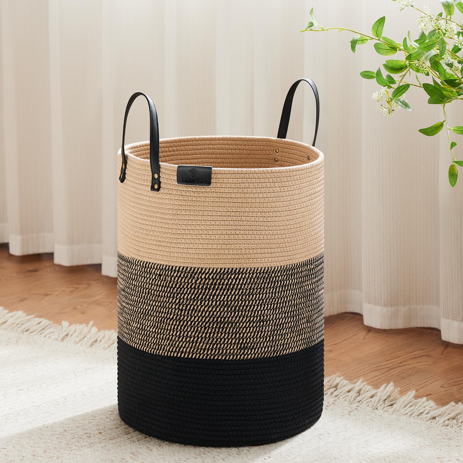 VIPOSCO 53L Tall Woven Rope Laundry Hamper, Leather Handles, Brown &amp; Black