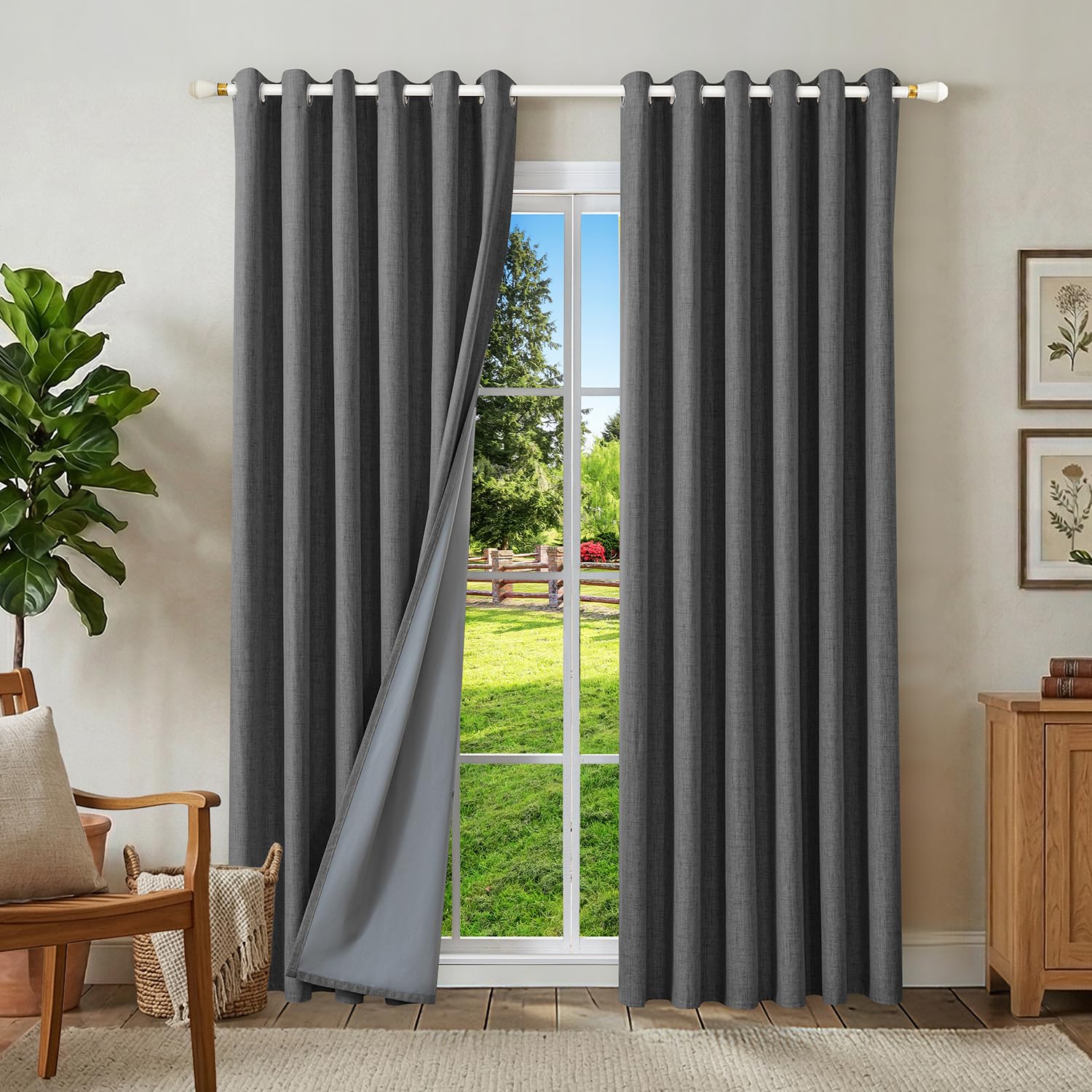 Runyéla 100% Blackout Linen Curtains Eyelet 90 x 90 Inch Drop for Living Room Bedroom Grey Thermal Curtain 2 Panels Gray