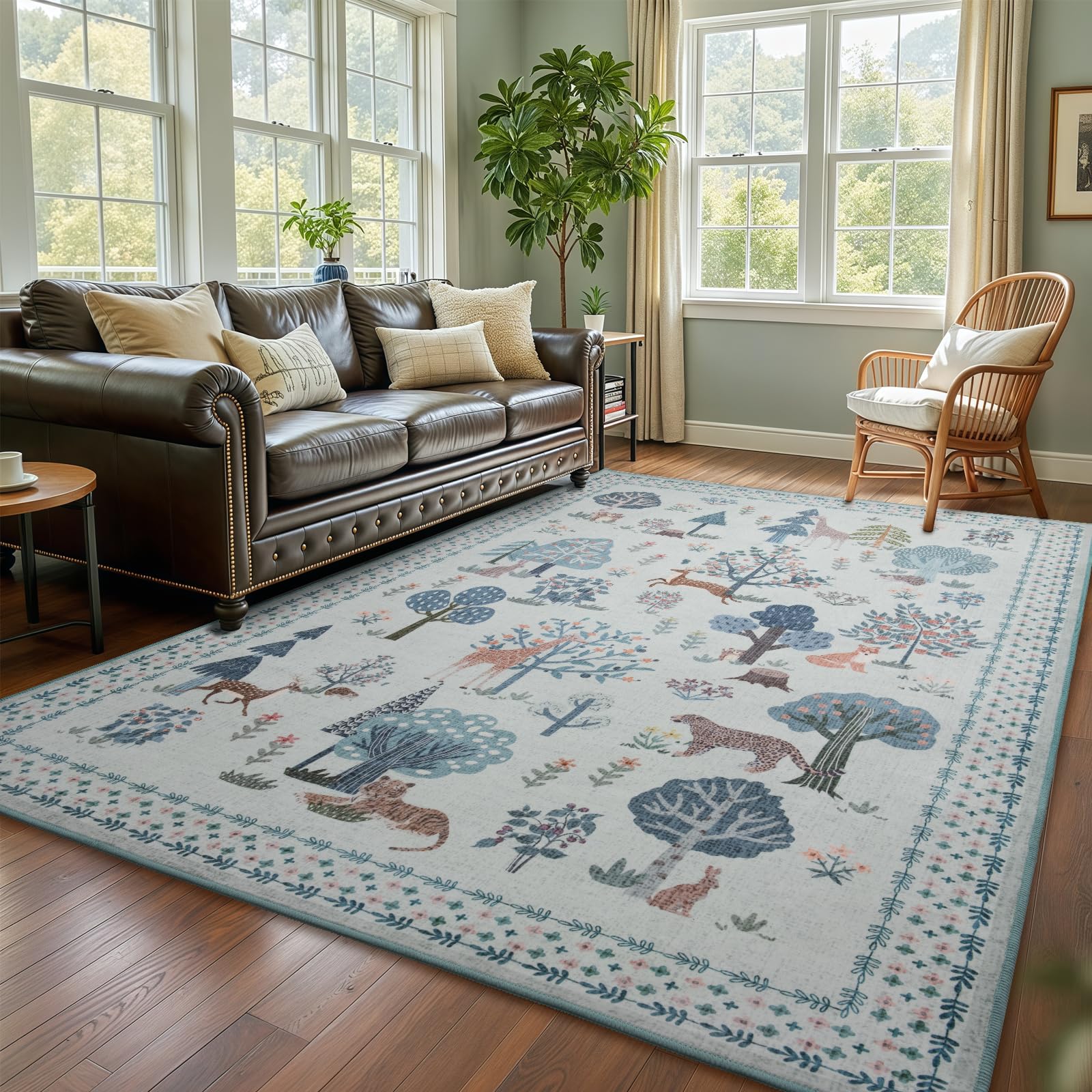 junovo 5x7 Machine-Washable, Super Soft Low Pile Jungle Animal Print Rug, Stain Resistant Kid Friendly Design for Living Room, Bedroom, playroom and Nursery, Blue.