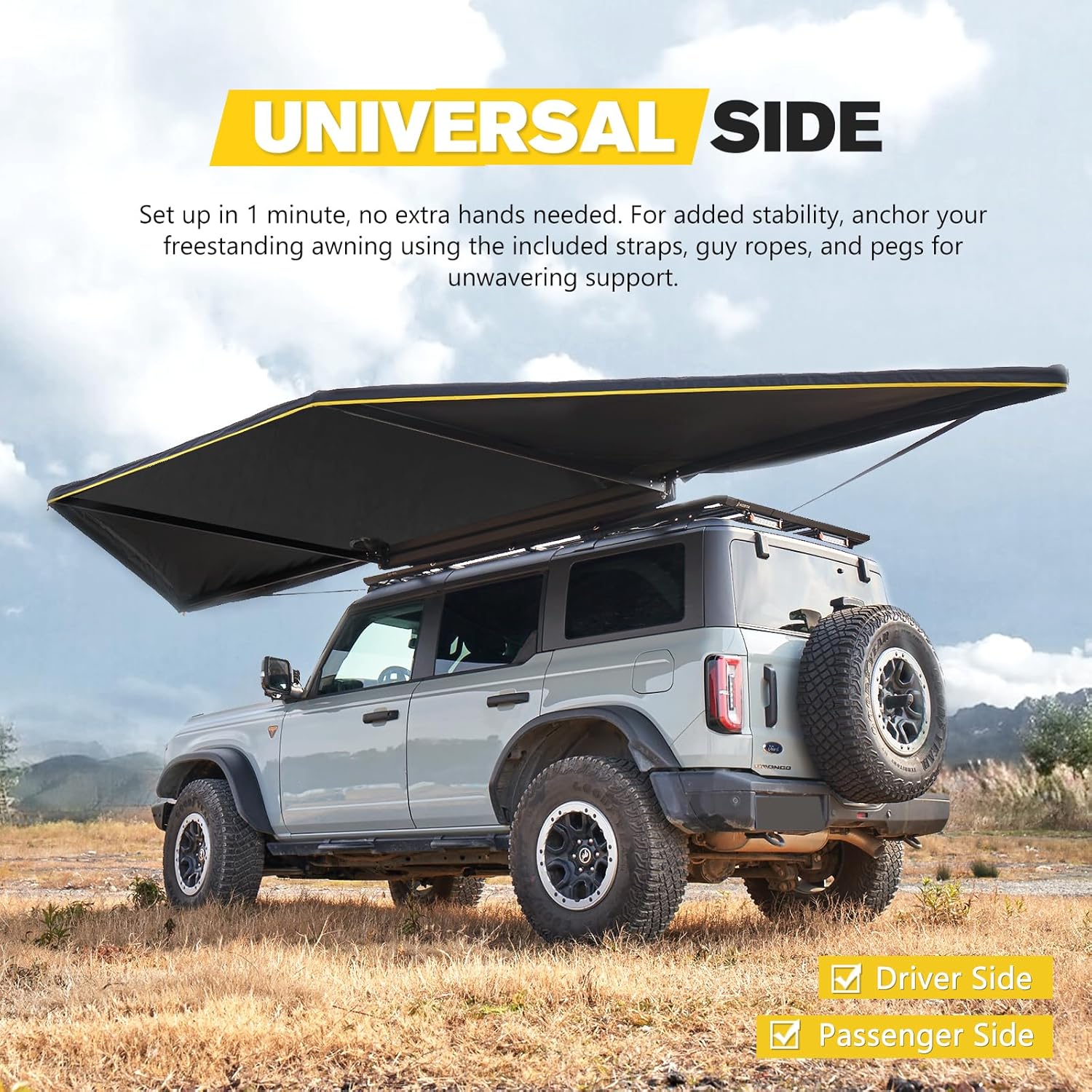 BUNKER INDUST 180 Degree Awning Free Standing, Vehicle Overland Awning Built-in LED Light - Three Colors, Car Driver Passenger Side, Waterproof Wind Resistant for SUV Van Truck Camper