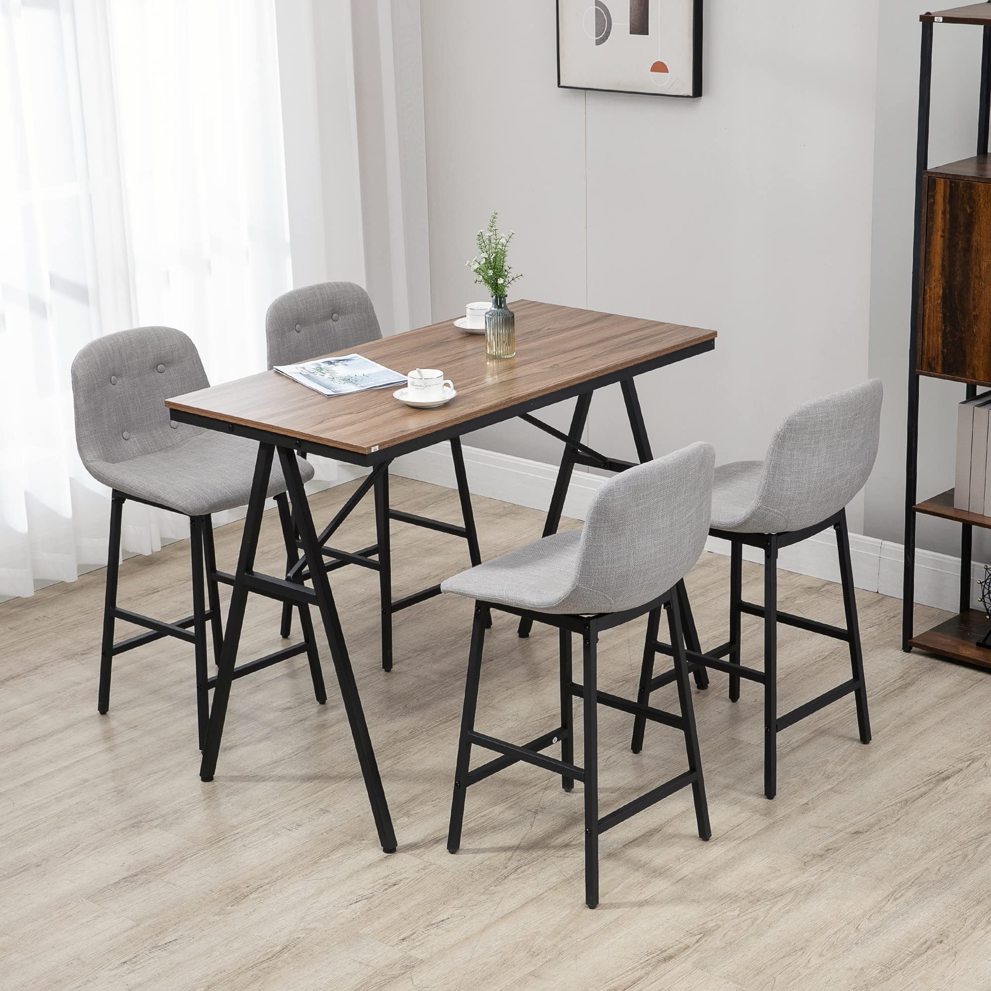 HOMCOM Ensemble Table de Bar avec 4 Tabourets, Table à Manger Debout avec 4 Chaises Rembourrées, Pieds en Acier, Style Industriel, Table Haute Bar pour Salle à Manger, Cuisine, Gris Clair