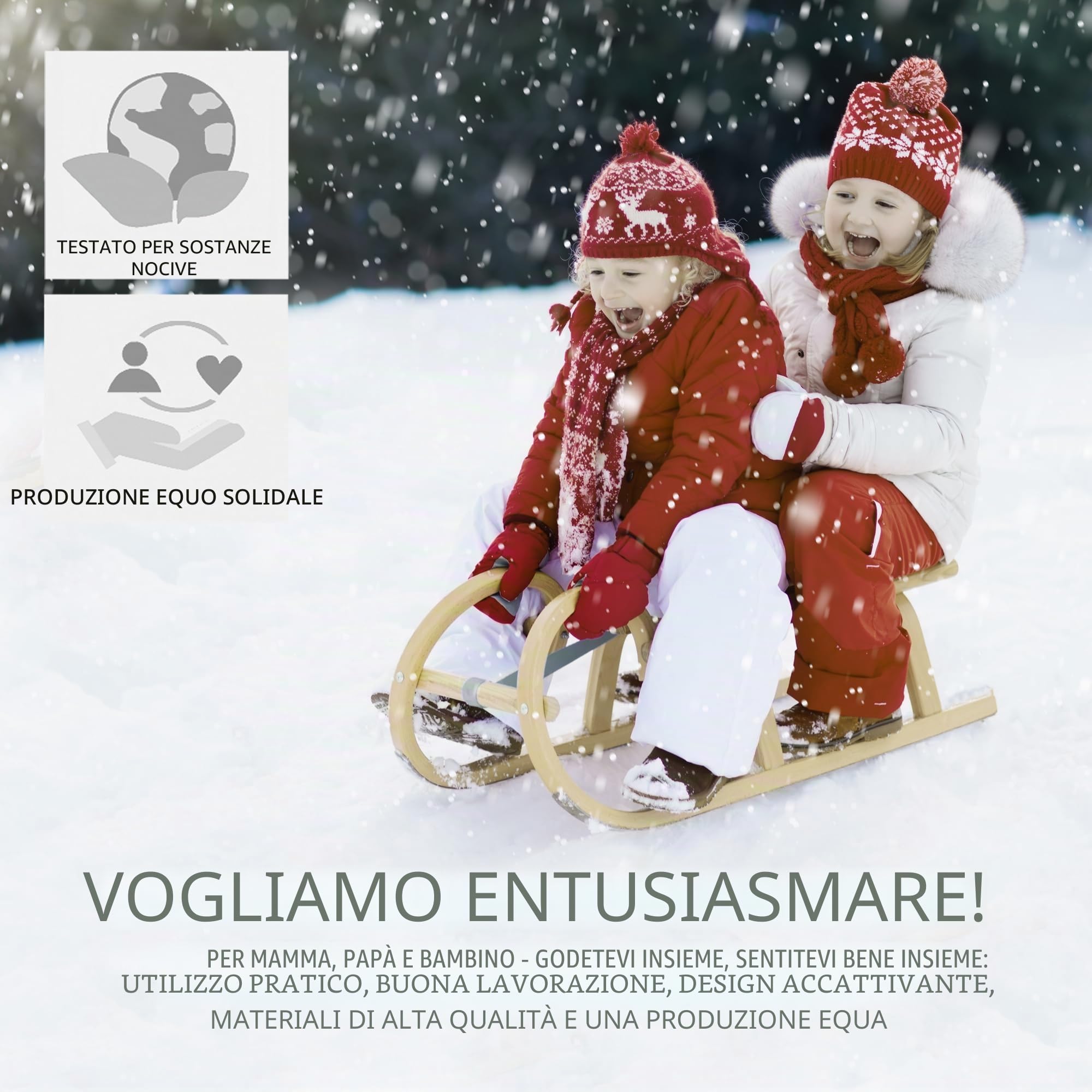 Slitta per bambini da 90 cm con schienale – Slitta in legno di faggio massiccio – Slittino da neve Davoser con guinzaglio e manico – Pattini robusti con raccordi in acciaio a scorrimento fluido