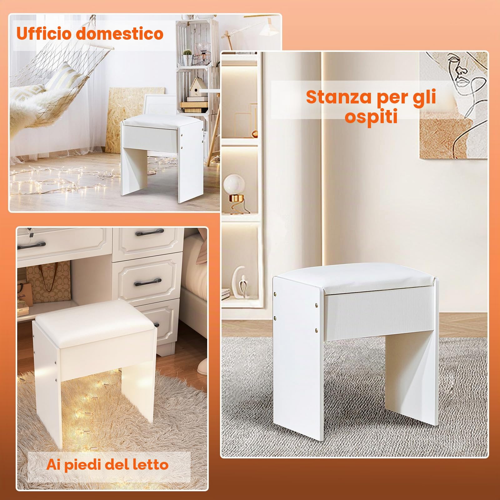 Sgabello da Toeletta Moderno in Legno, Bianco, 43 x 40 x 24 cm, per Camera da Letto
