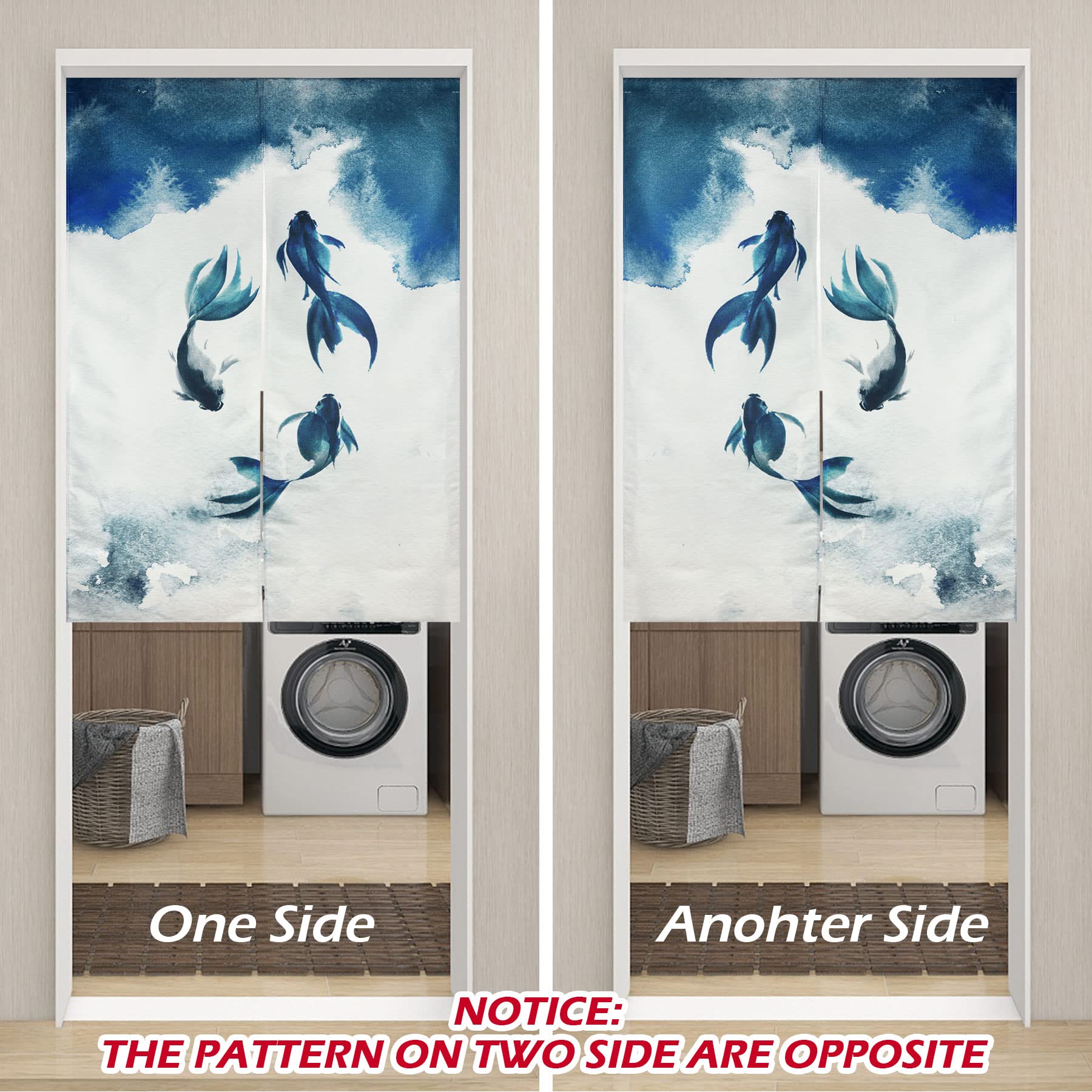 LIGICKY Traditioneller Chinesischer Stil Vorhang, Tuschemalerei Dick Noren Lang Vorhang Doppelseitig Druck TürVorhang Raumteiler Tapisserie für die Heimtextilien 85 x 120 cm, Weiß (Fisch)