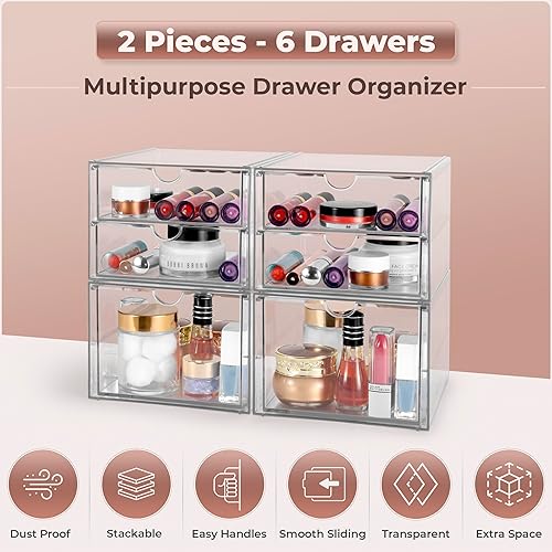 Miniatura 6 de Sorbus Organizador de maquillaje con 6 cajones, organizador de cajones de acrílico para maquillaje, organización y almacenamiento de oficina,
