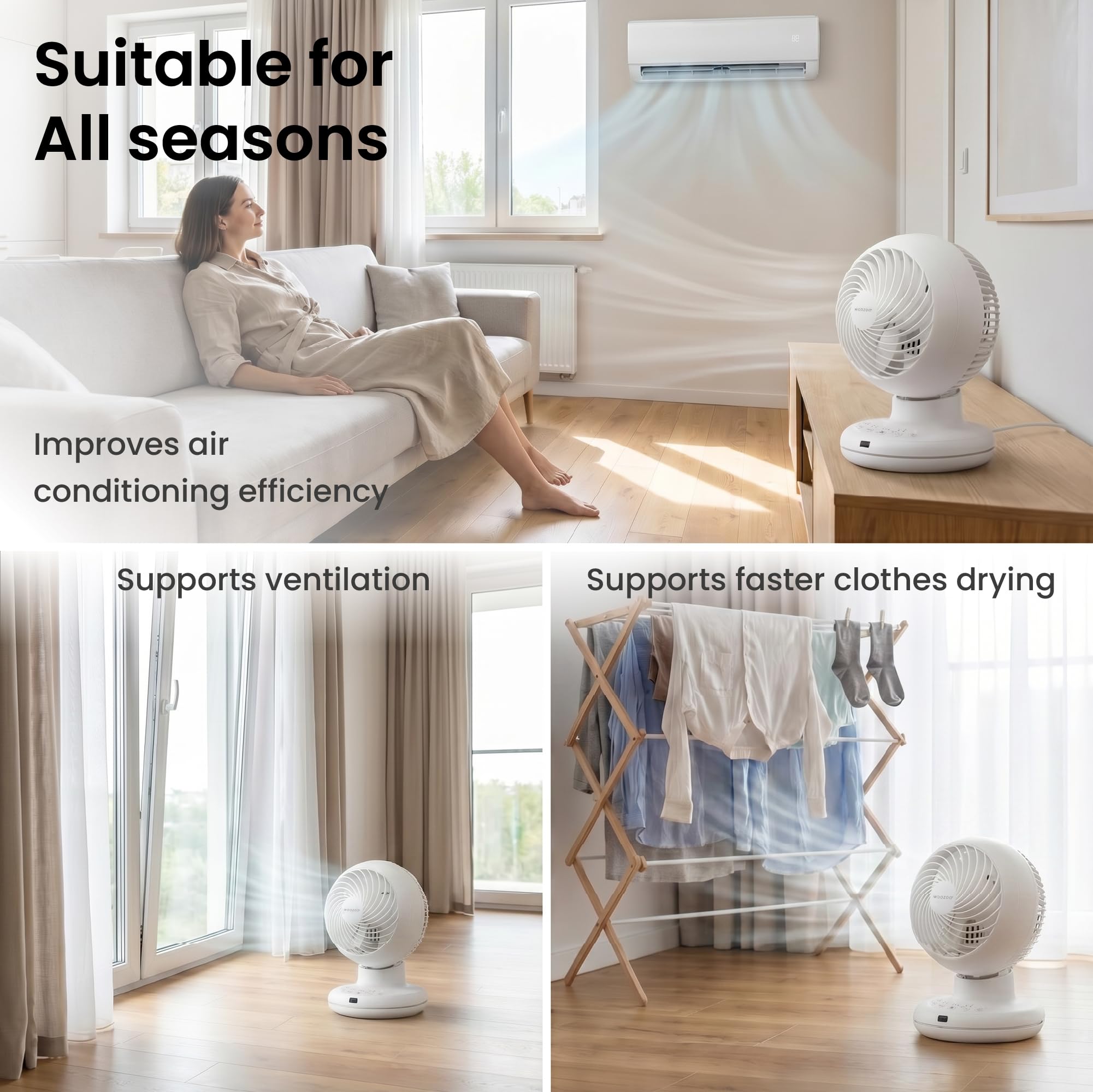 Iris Ohyama Woozoo Tischventilator, Raum bis 28m², Multidirektionale Oszillation, Fernbedienung, Leise 21dB, Tragbar, 3 Geschwindigkeitsstufen, Timer, Fan, Für Schafzimmer, Büro, Weiß, PCF-BC15TEC