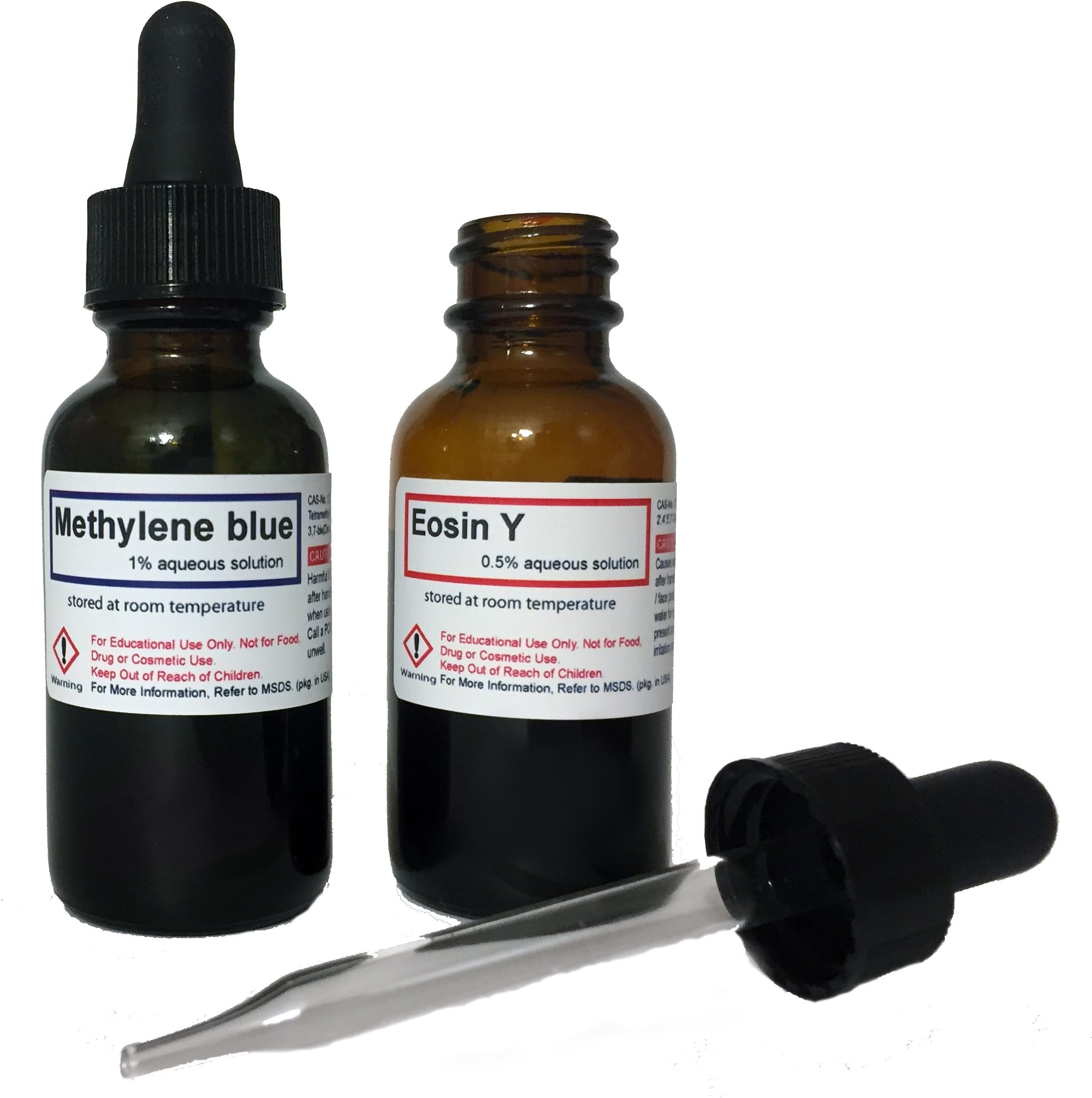 Methylene Blue and Eosin Y Solutions - 30 ml (1 oz) in Amber Glass Dropper Bottles (for Microscopy, Ready to use)