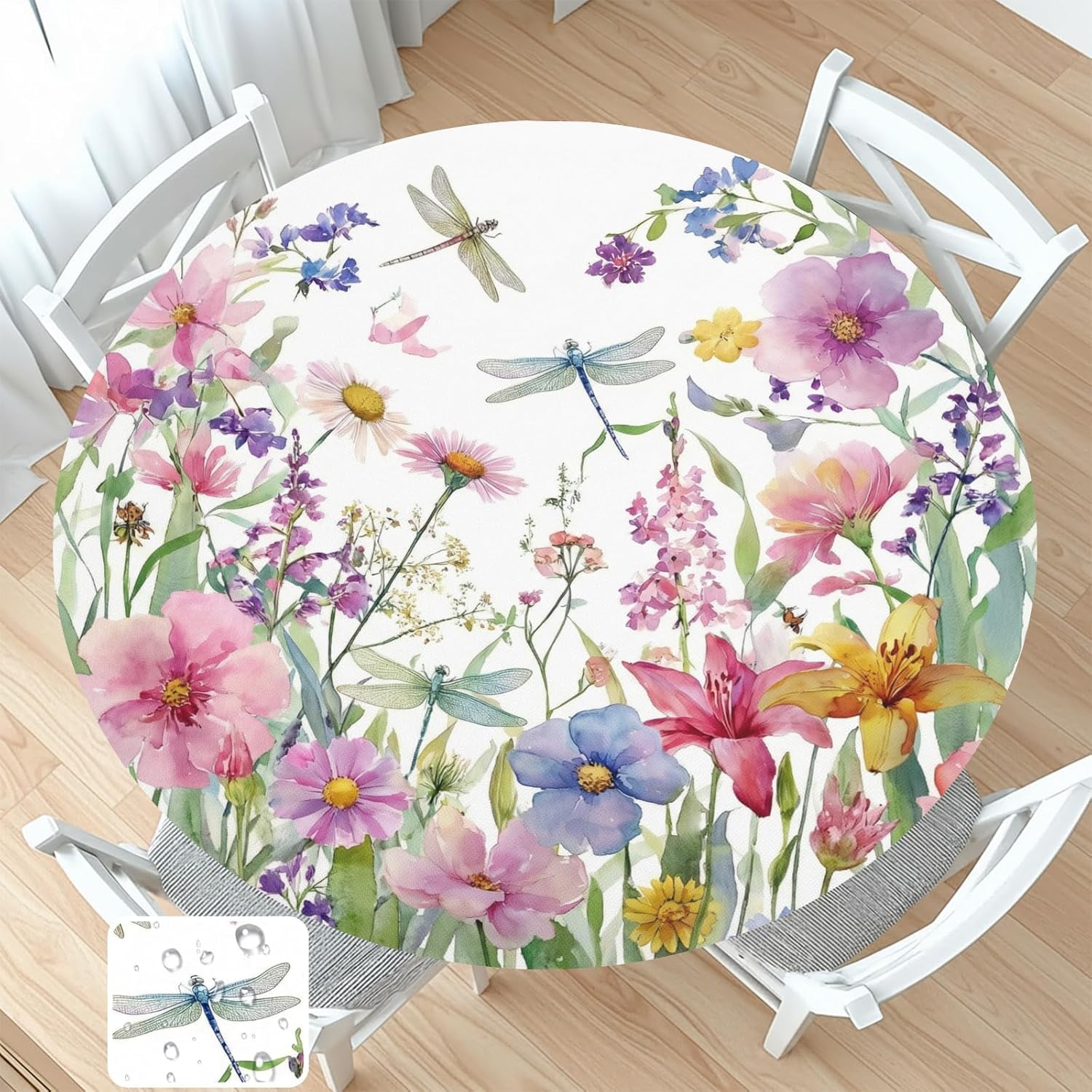 Spring Summer Floral Round Fitted Tablecloth with Elastic Wildflower Dragonfly Circle Table Cloth for 40-44" Tables Farmhouse Easter Flowers Stretch Waterproof Table Cover for Picnic Outdoor Dining-image-19