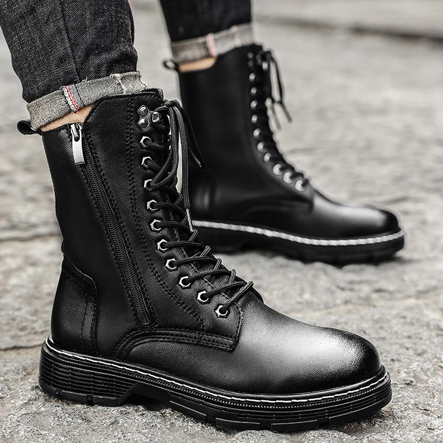 Men's Boots Men's Motorcycle Boots Comfortable Casual Dress Boots High Protection Non Slip Wear-Resistant Combat Boots With Side Zipper Closure Black