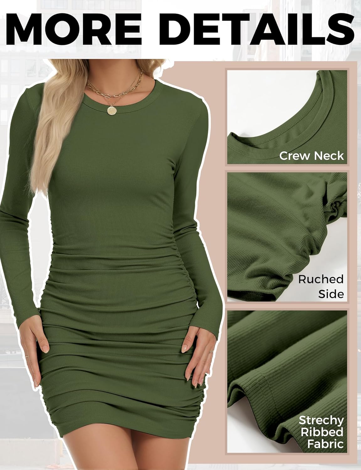 Long Sleeve Dress for Women, Sexy Mini Casual Ruched Bodycon Ribbed Slim Fit Scoop Neck Dress - Image 4