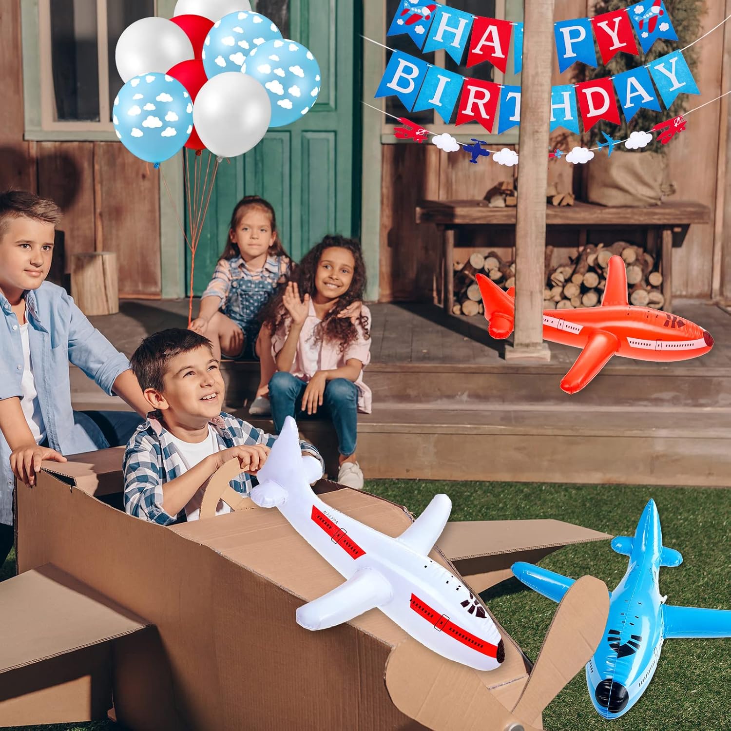 56 Pcs Airplane Birthday Party Decoration Inflatable Airplane Blue & Red Balloons Banners Air Adventure Themed Birthday Party Cloud Aircraft Decor - Image 7