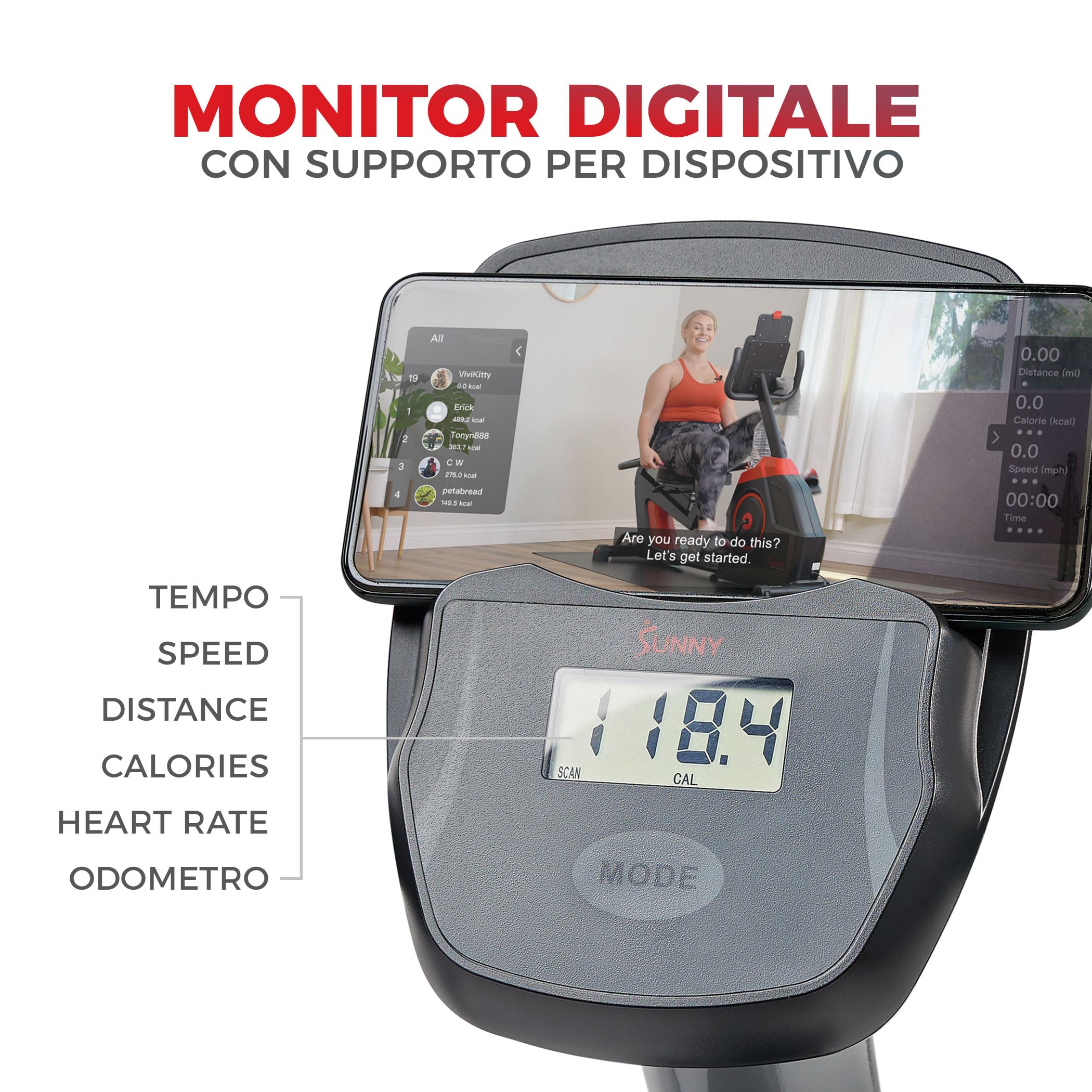 Sunny Health & Fitness Cyclette Orizzontale Magnetica Smart per Casa | App SunnyFit, Basso Impatto, Resistenza Magnetica Regolabile, Cushion Sedile / Back-Support, Wide Inseam Range