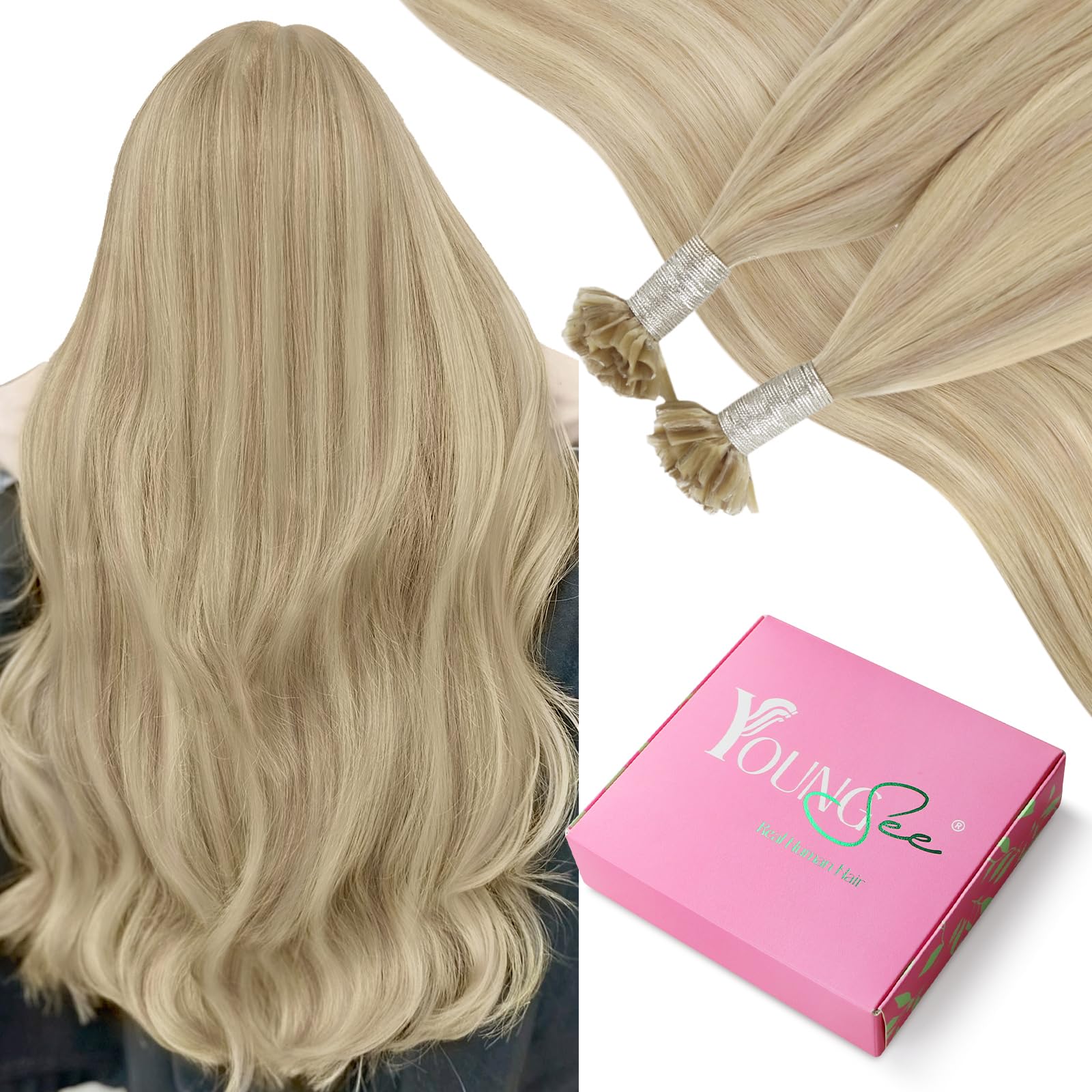 YoungSee U Tip Hair Extensions Human Hair Blonde Utip Hair Extensions Ash Blonde with Bleach Blond Keratin Hair Extension Real Human Hair Highlight U