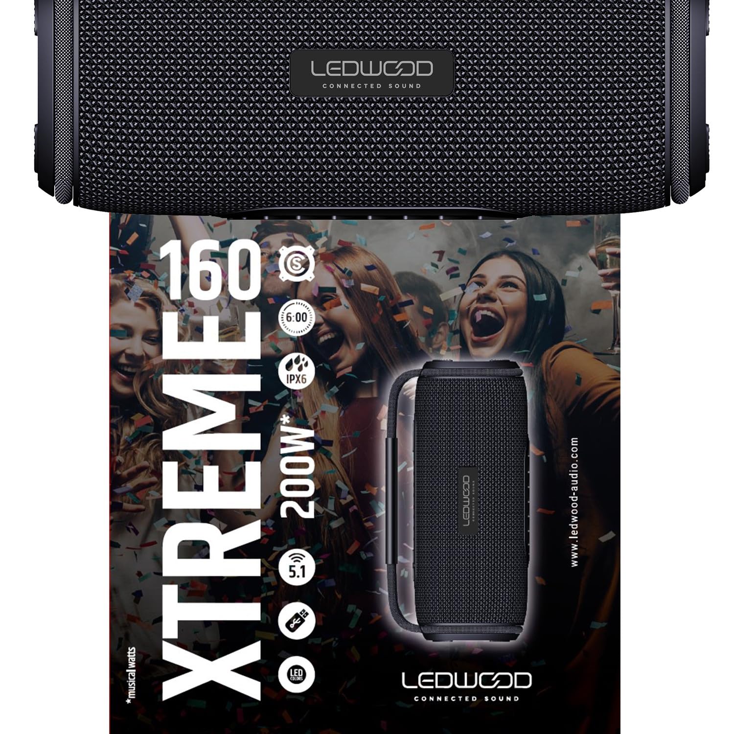 Enceinte Autonome Ledwood XTR160 Black, 200W, Effet LED, Bluetooth, Fonction TWS, Protection IPX6, Entrée USB, SD - 20W RMS