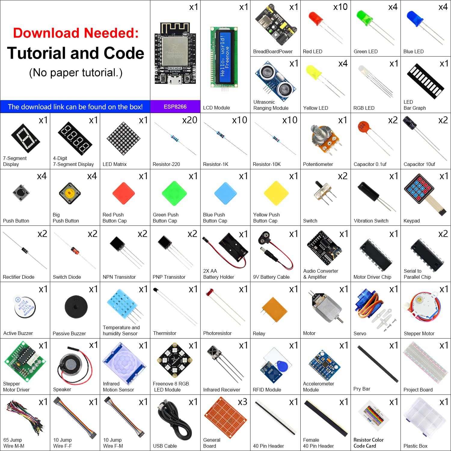 Freenove Ultimate Starter Kit for ESP8266 (Included), 32-bit 160 MHz Mini Microcontroller, Onboard Wi-Fi, Python C Java, 715-Page Detailed Tutorial, 218 Items, 109 Projects