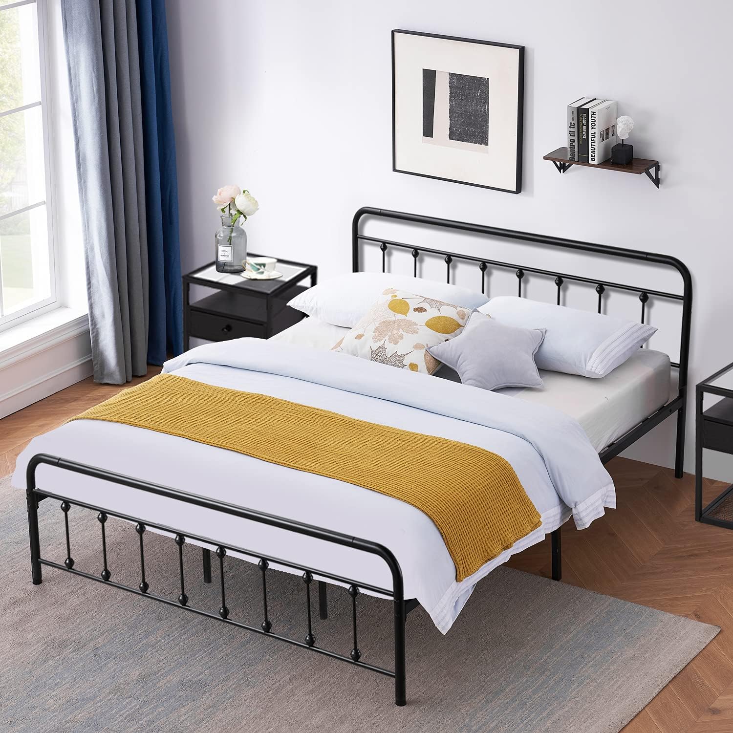 VECELOMetal Bed Frame Full Size with Vintage Headboard and Footboard, No Box Spring Needed, Premium Stable Steel Slat Support Mattress Foundation