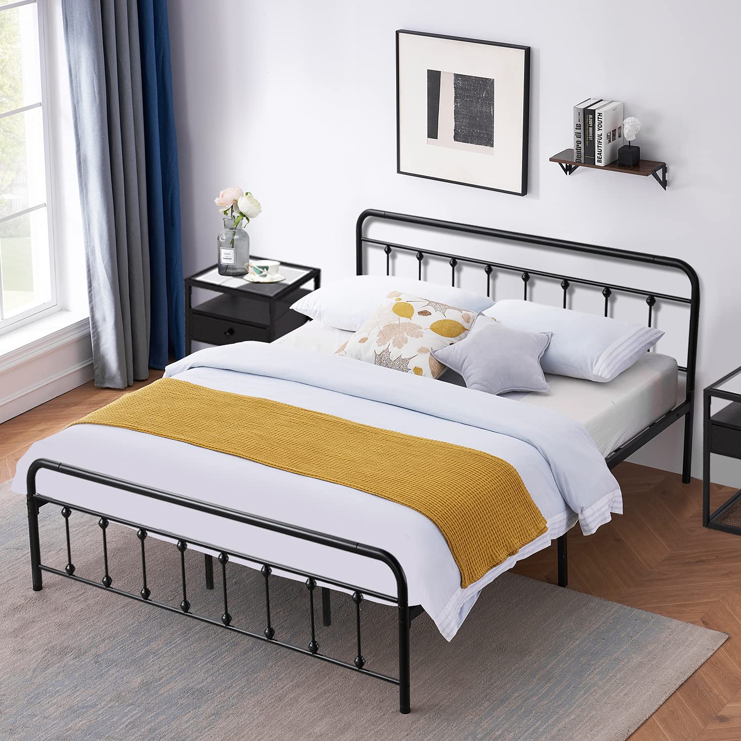 VECELOMetal Bed Frame Full Size with Vintage Headboard and Footboard, No Box Spring Needed, Premium Stable Steel Slat Support Mattress Foundation