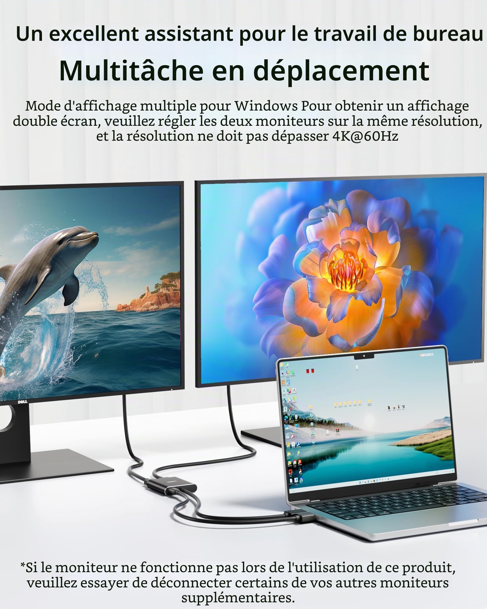 Adaptateur répartiteur DisplayPort vers double DisplayPort, concentrateur MST 4K60Hz 1 entrée 2 sorties pour double moniteurs, répartiteur de port d'affichage DP1.4
