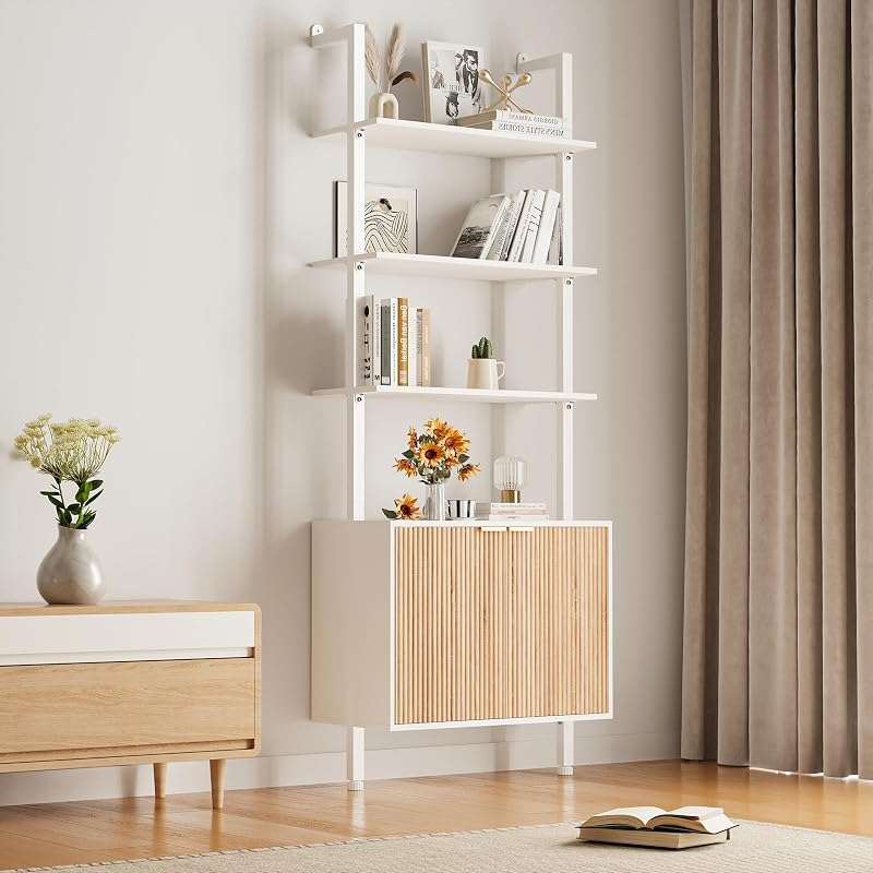 Estantería de 74 pulgadas de alto con gabinete de almacenamiento, estante de escalera moderno con marco de madera y metal, estantería de montaje en pared, estante abierto para sala de estar, dormitorio, oficina en casa, blanco y roble