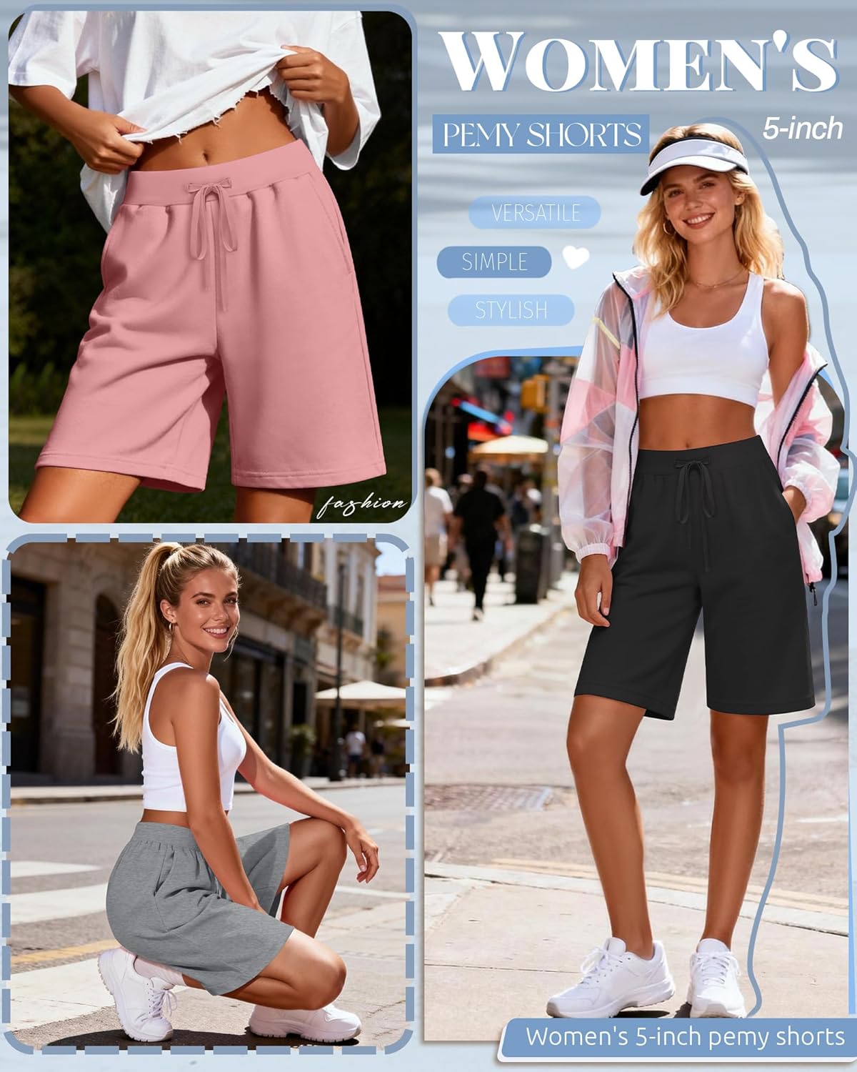 Neer 3 Pack Women's Bermuda Shorts Drawstring Elastic High Waisted Athletic Long Sweat Shorts Knee Length with Pockets - Image 2