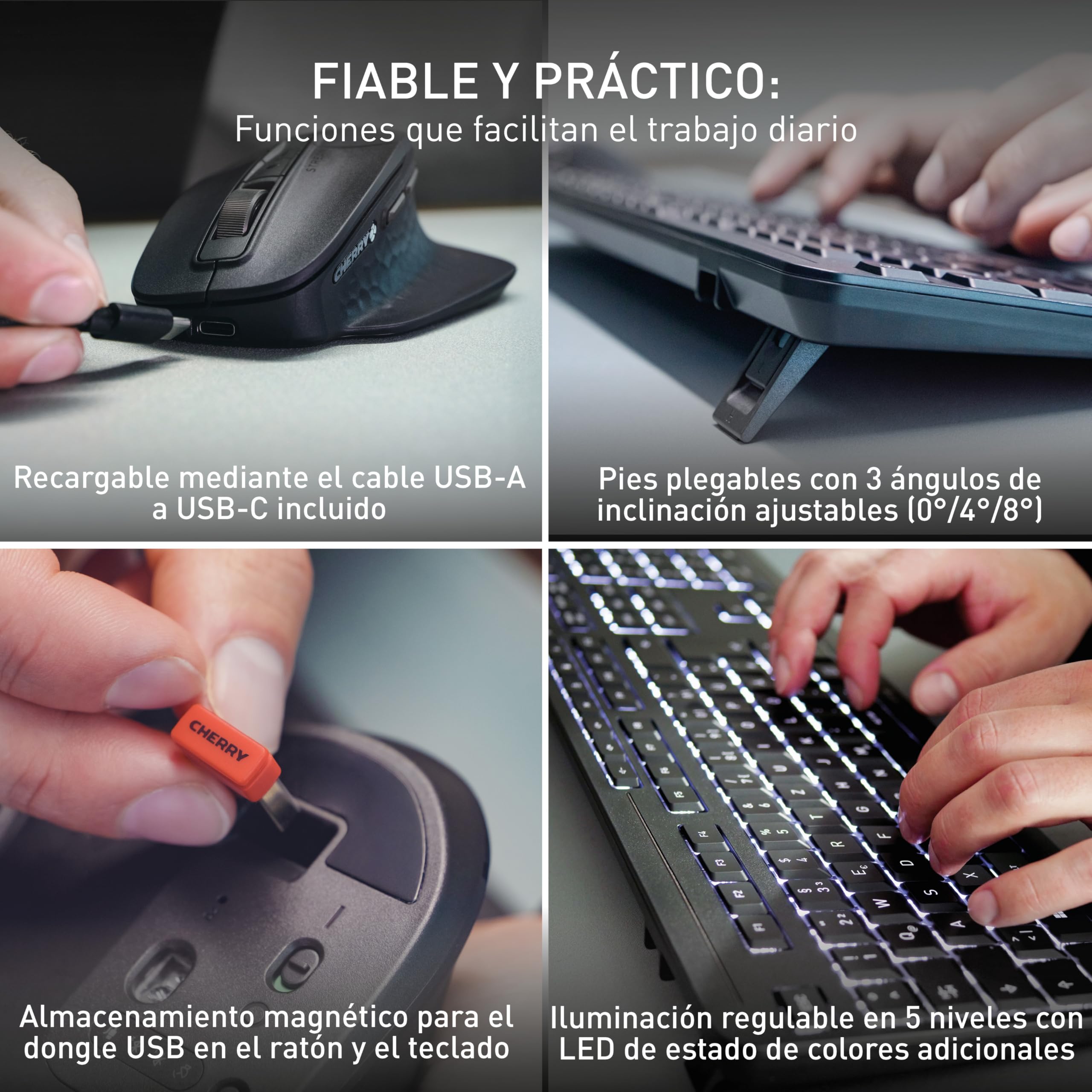 CHERRY Stream Desktop Ultimate, Conjunto de Teclado y Ratón Inalámbricos Multidispositivos, Distribución US (QWERTY), Ratón Ergonómico para Diestros, Negro