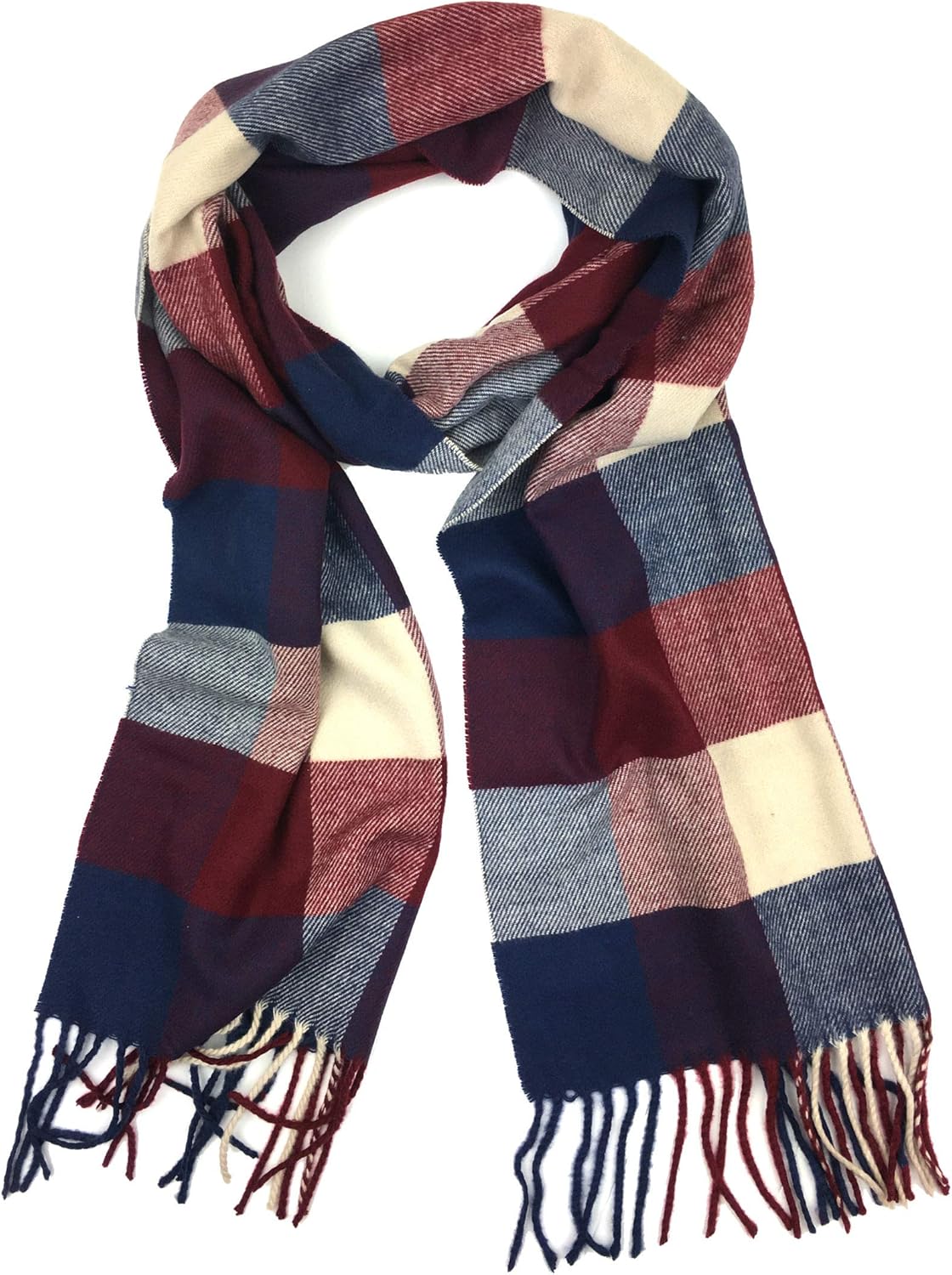 Plum Feathers Plaid Check and Solid Cashmere Feel Winter Scarf (Burgundy-Navy-Beige Check) at  Men’s Clothing store