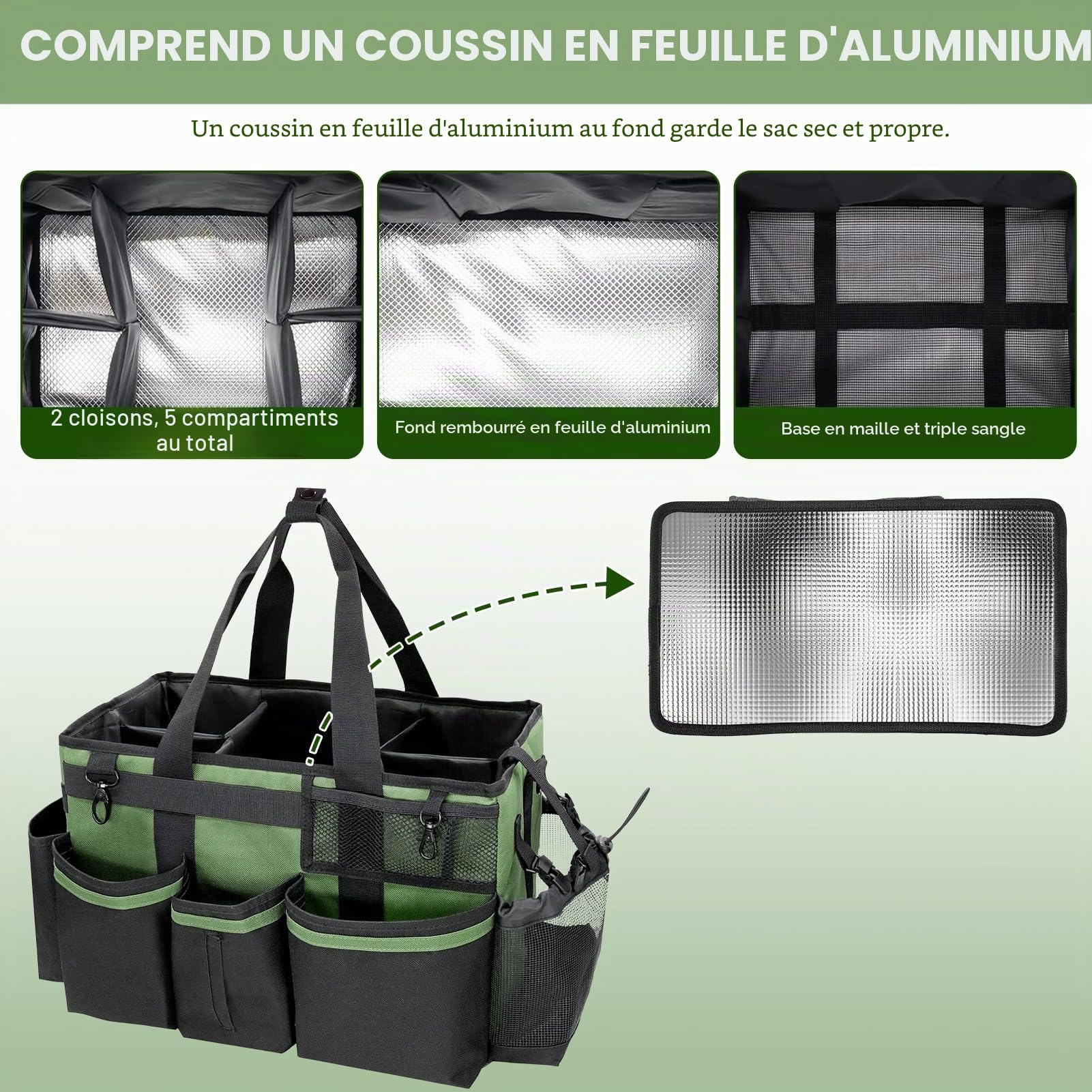 Sac de nettoyage portable en tissu Oxford déperlant avec bandoulière réglable et plaque de fond renforcée – Organiseur de fournitures à séparateurs amovibles pour femme de ménage et nettoyeurs